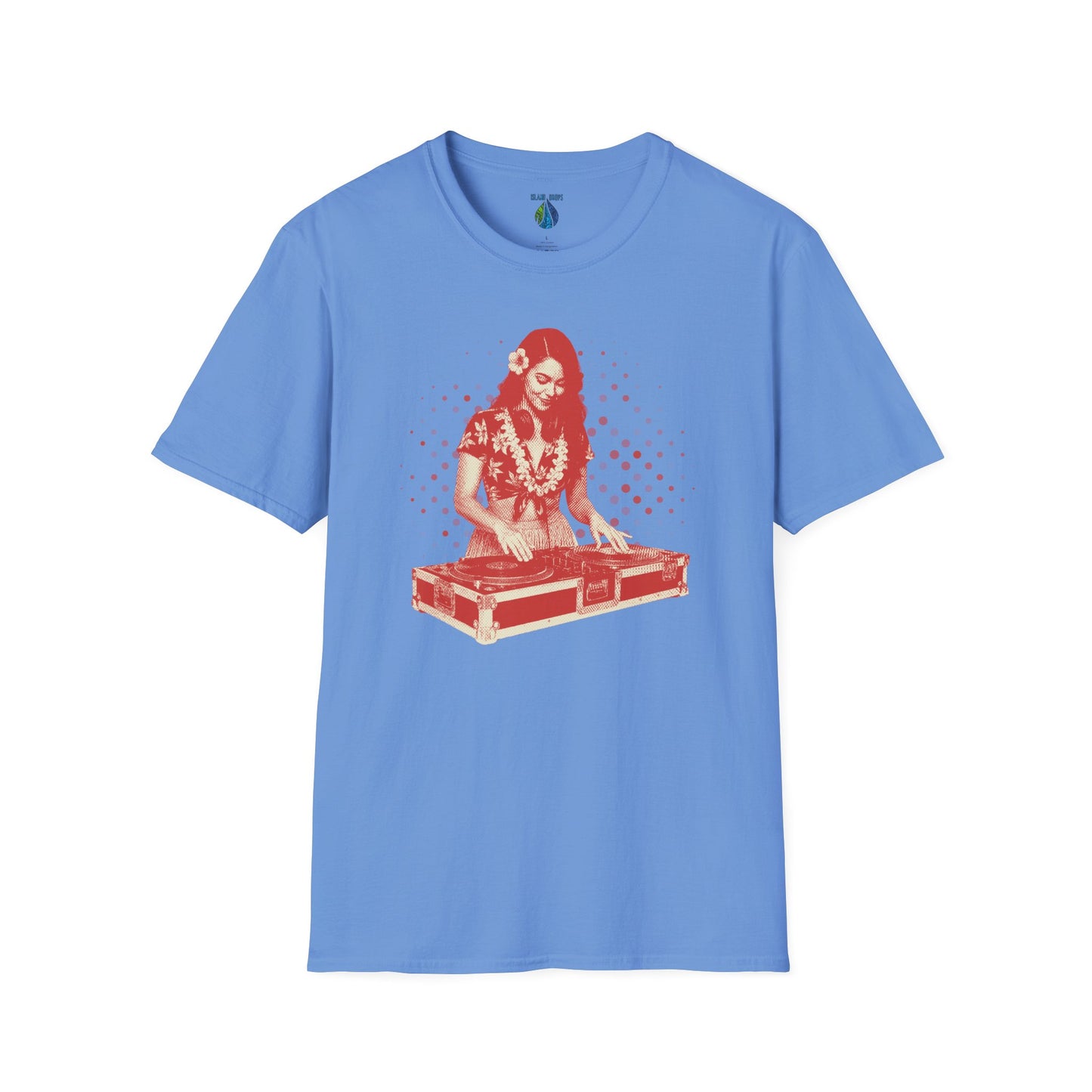 Blue t-shirt with a female hula dancer as a DJ graphic design - Island Drops T-shirt collection | Unisex t-shirt