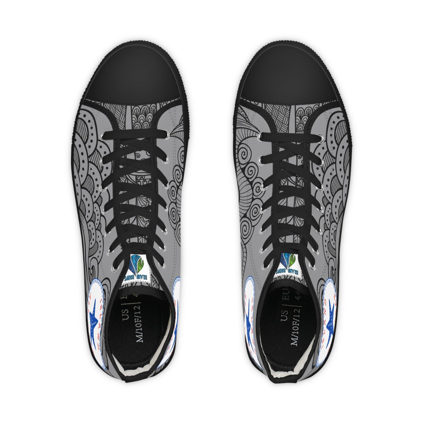 Black and gray High-top sneakers with tribal tattoo graphic design - Island Drops shoes collection | Unisex High top shoes