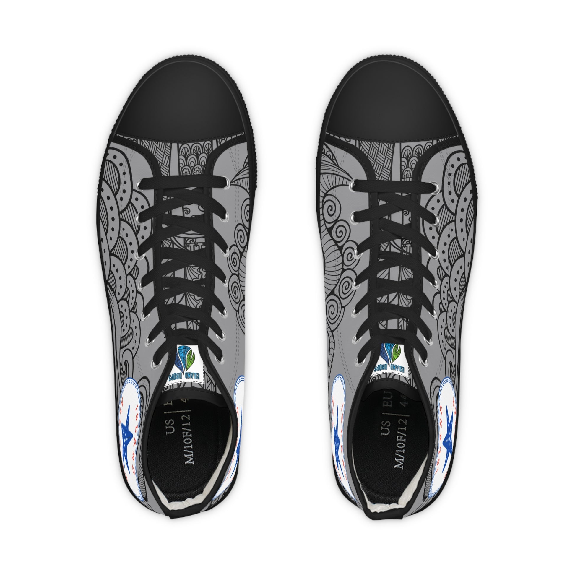 Black and gray High-top sneakers with tribal tattoo graphic design - Island Drops shoes collection | Unisex High top shoes