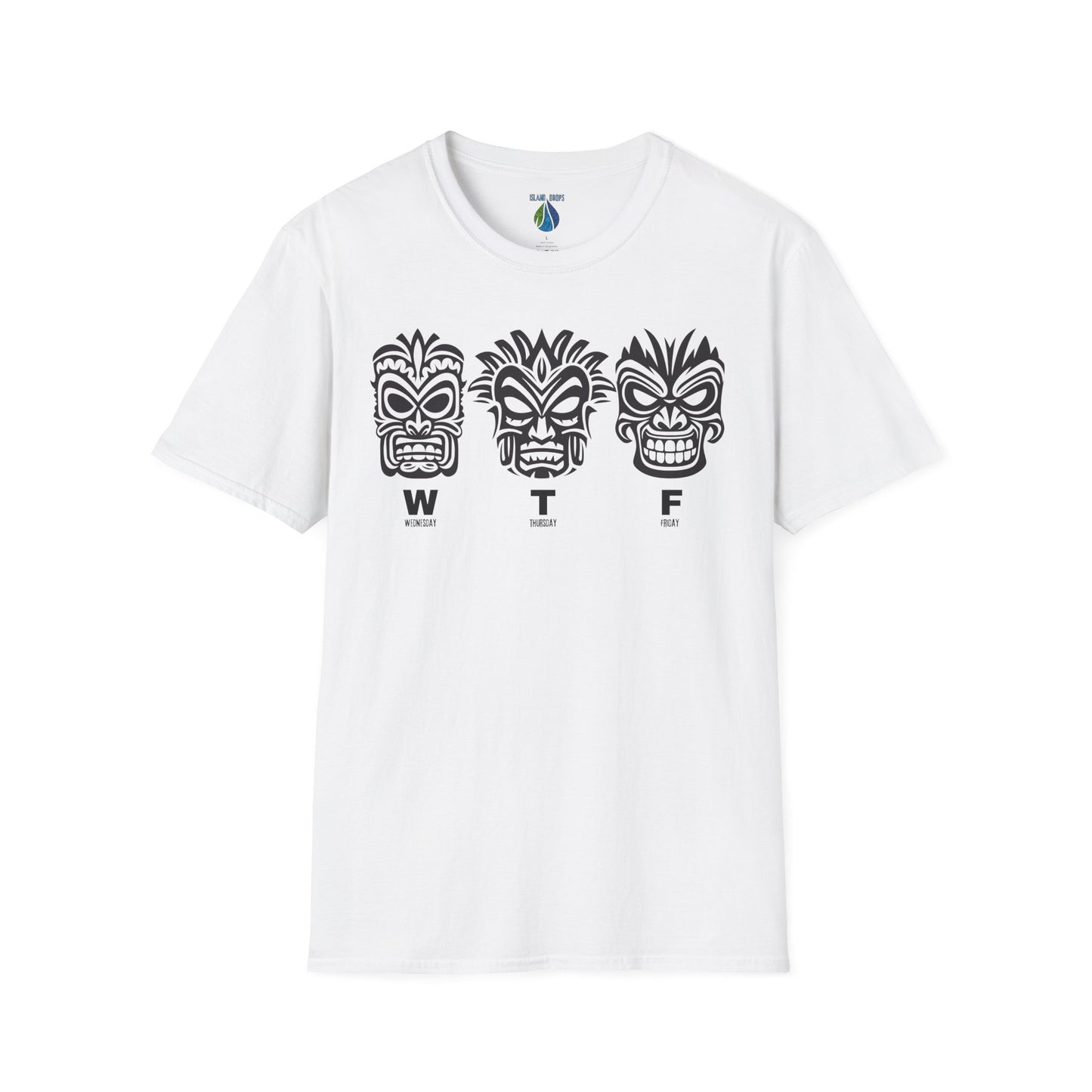 White t-shirt with three tiki mask designs and 'WTF' text t-shirt - Island Drops t-shirt collection | Unisex t-shirts