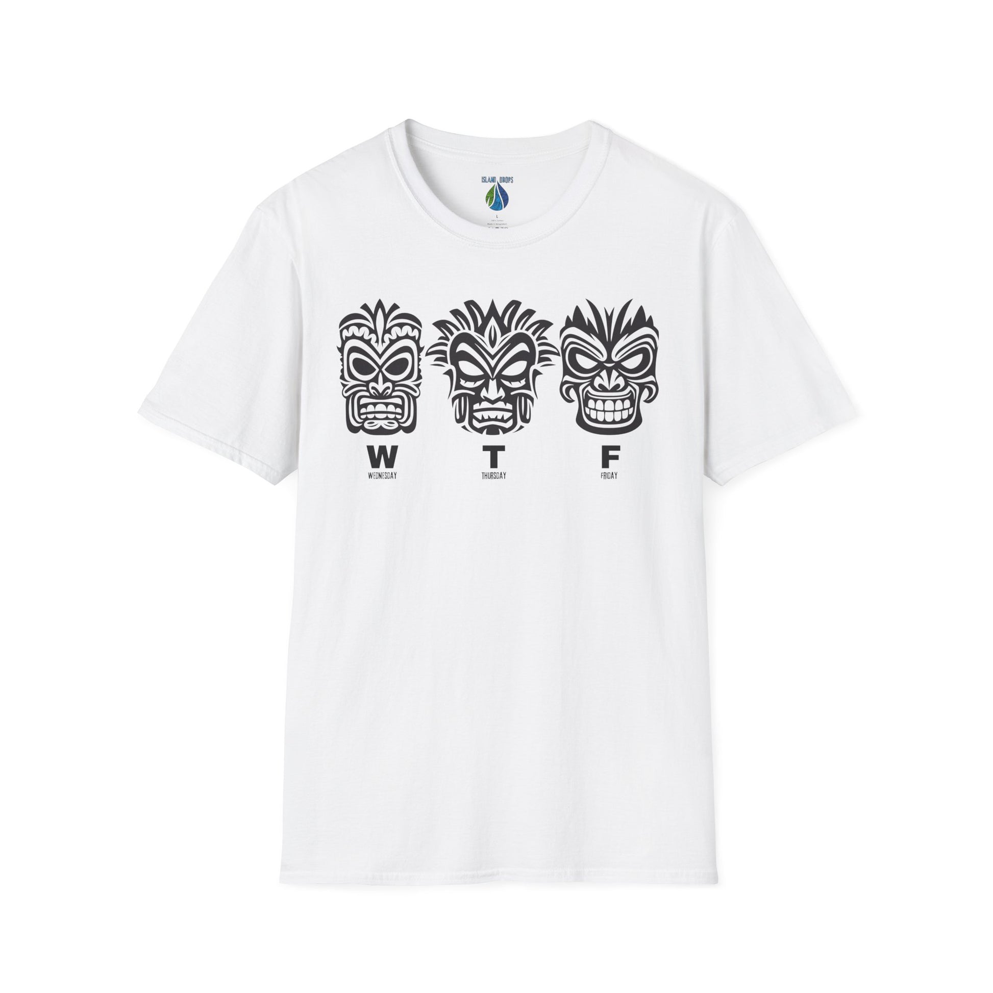 White t-shirt with three tiki mask designs and 'WTF' text t-shirt - Island Drops t-shirt collection | Unisex t-shirts