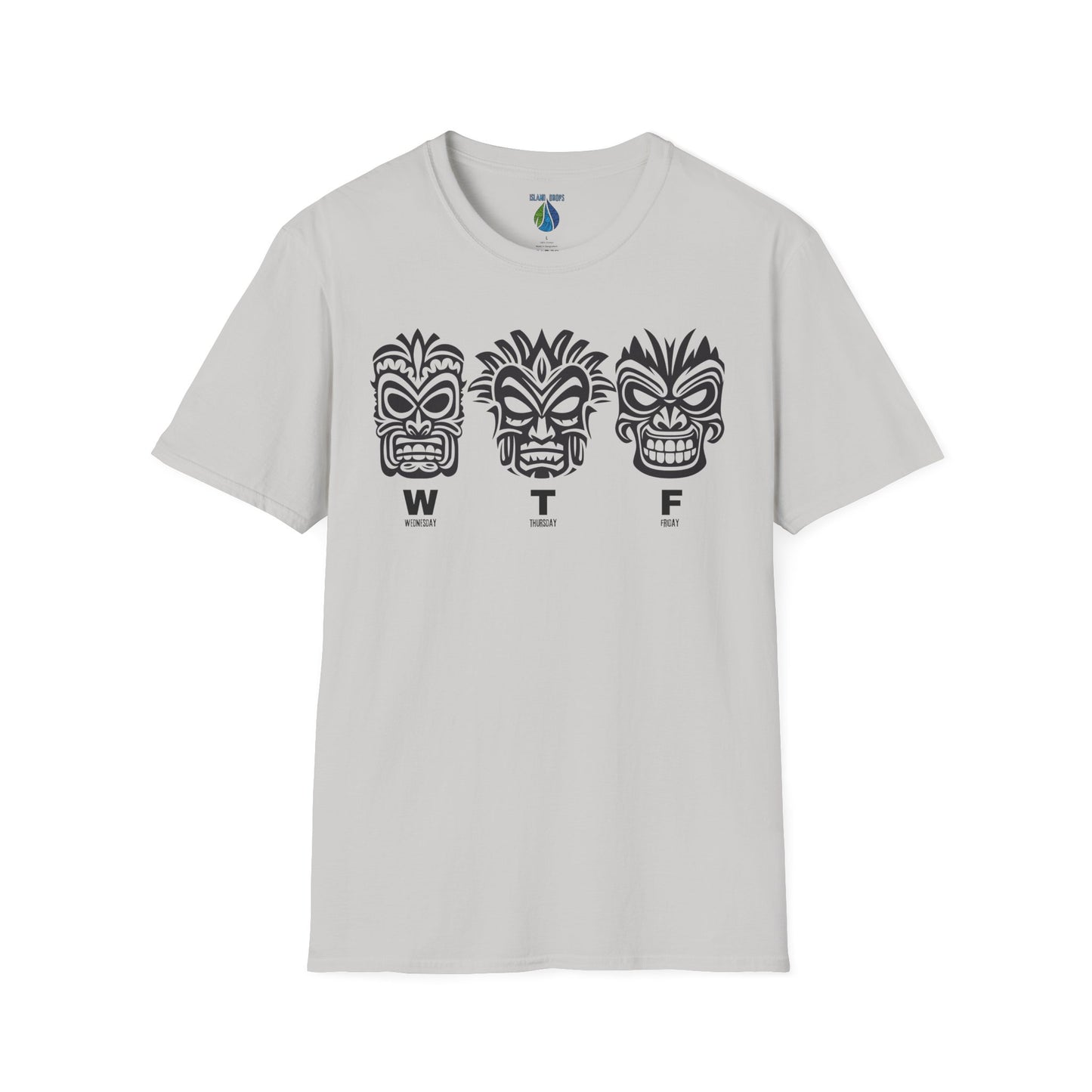 Gray t-shirt with three tiki mask designs and 'WTF' text t-shirt - Island Drops t-shirt collection | Unisex t-shirts