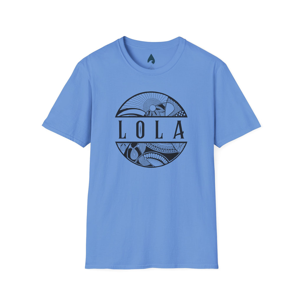 Blue T-shirt front with black Lola lettering and tribal island circle graphic