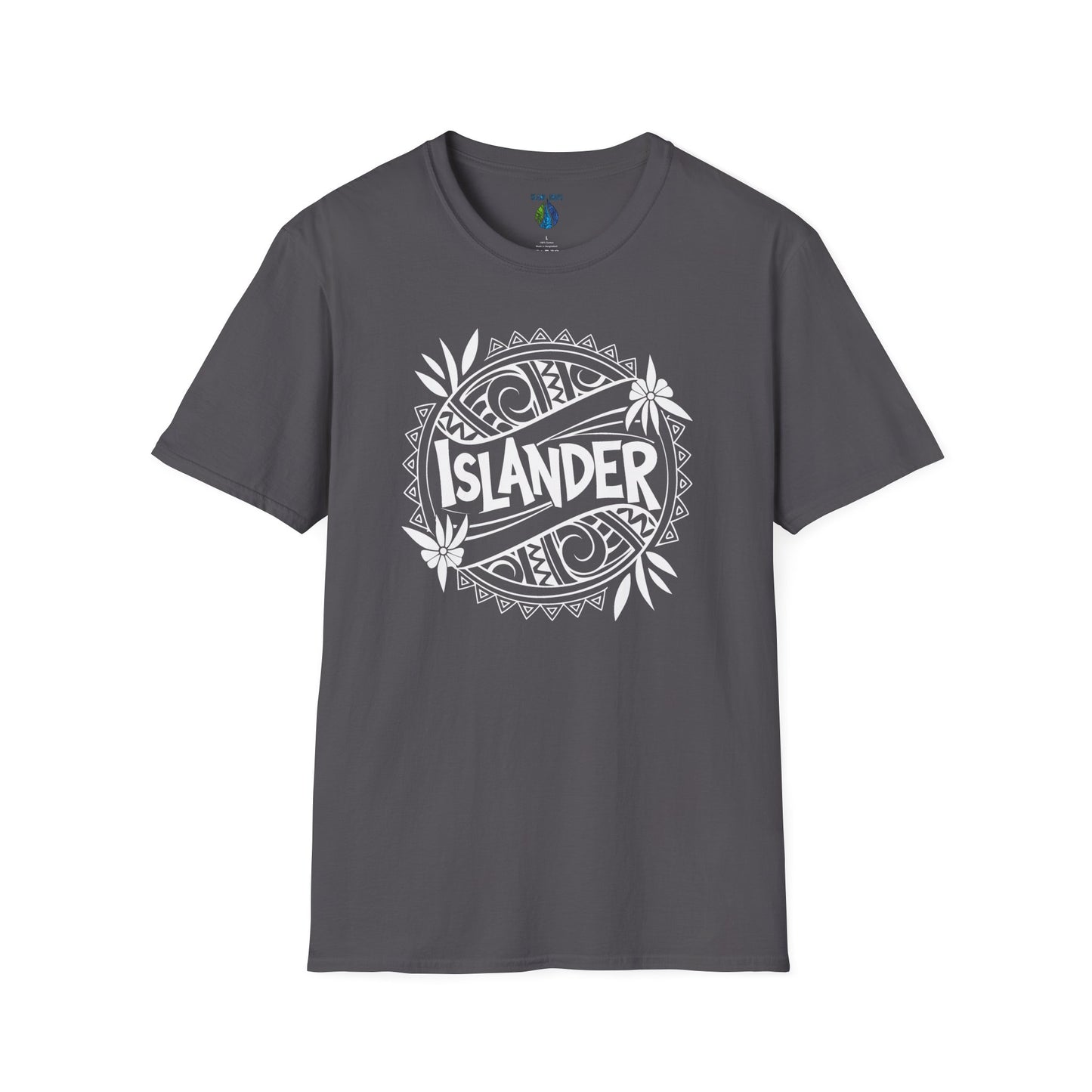 Gray t-shirt with 'ISLANDER' tribal graphic design - Island Drops T-shirt collection | Unisex t-shirt