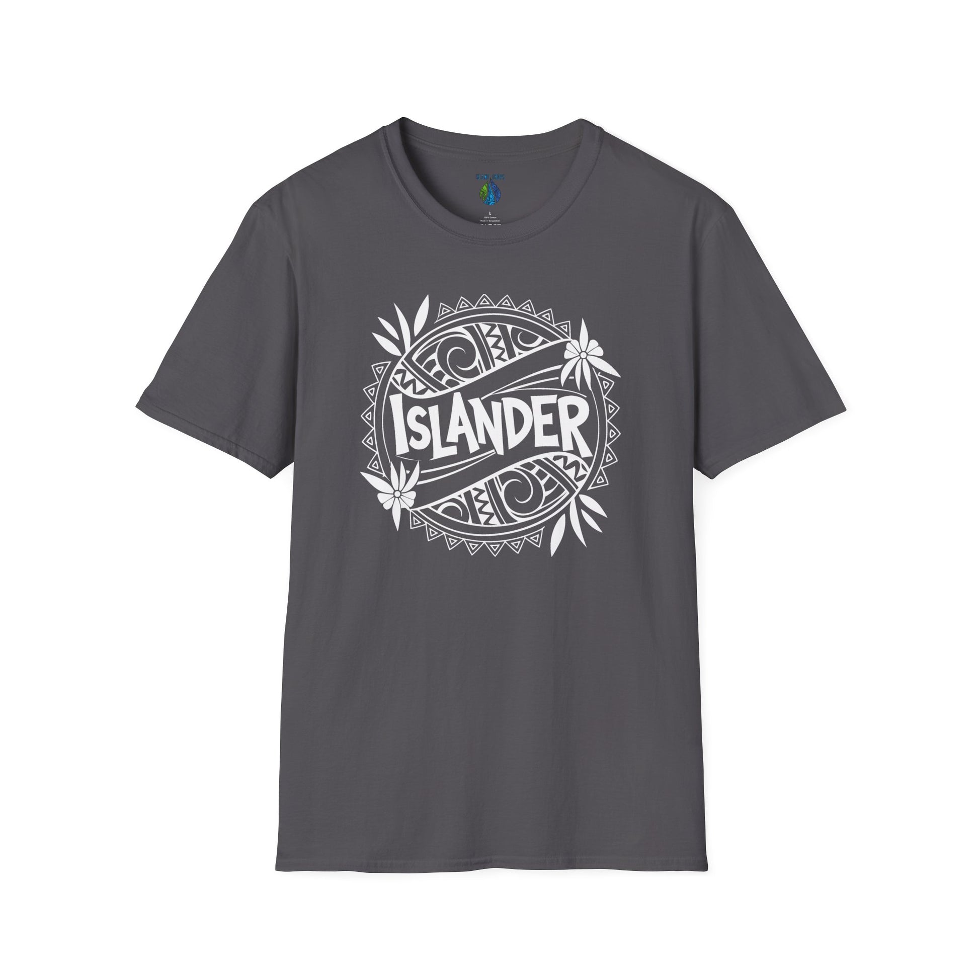 Gray t-shirt with 'ISLANDER' tribal graphic design - Island Drops T-shirt collection | Unisex t-shirt