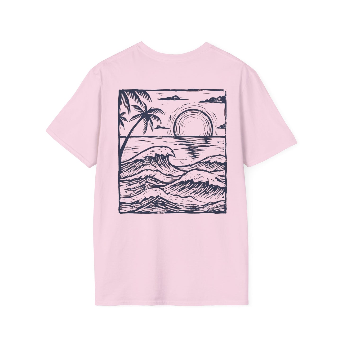 Sunset Sketch Tee back print in Light Pink color — linocut sunset design streetwear shirt