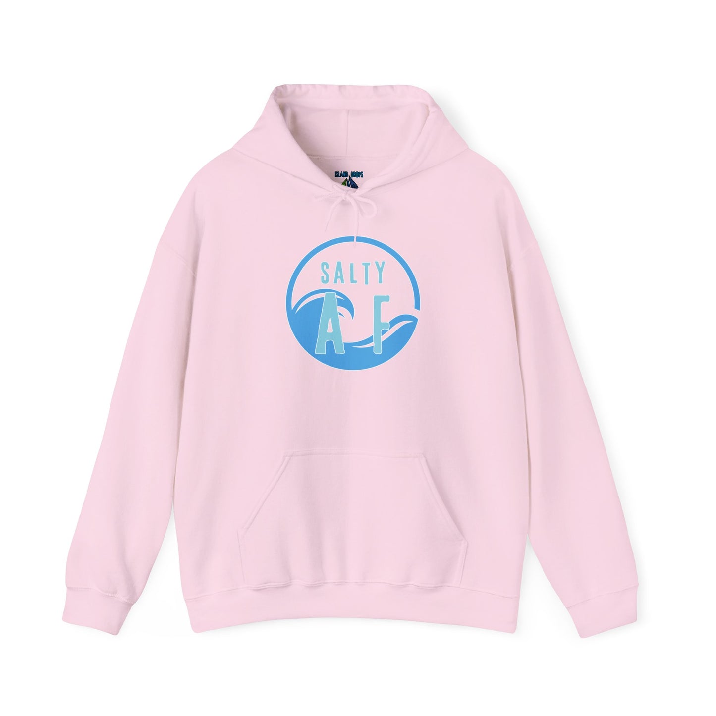 Pink hoodie with 'SALTY AF' text graphic design - Island Drops hoodie collection | Unisex pullover
