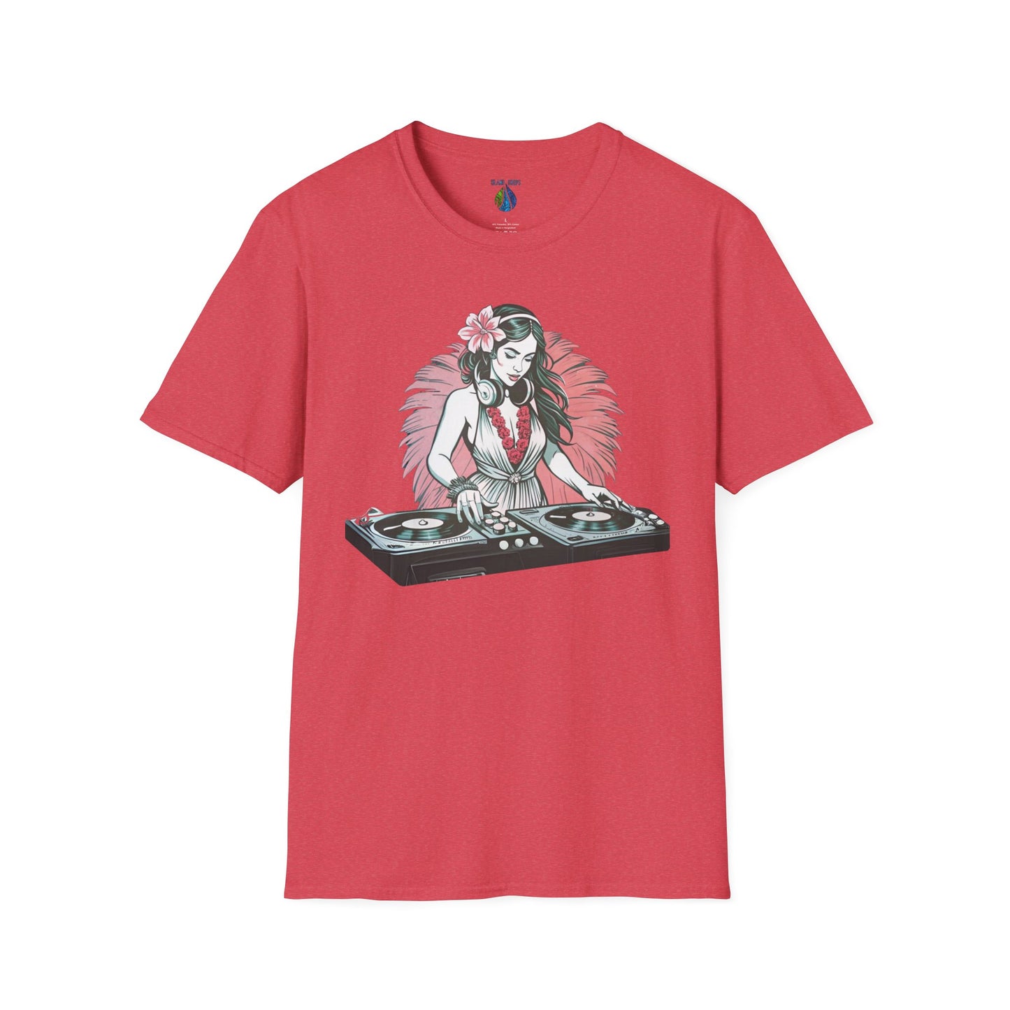 Red t-shirt with a female hula dancer as a DJ graphic design - Island Drops T-shirt collection | Unisex t-shirt