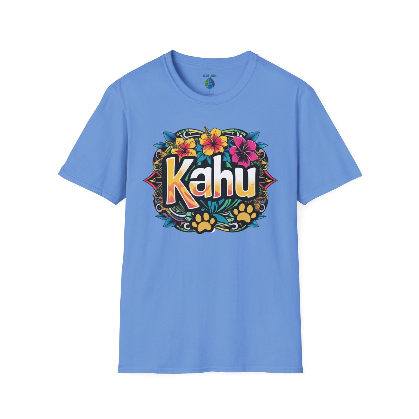 Blue t-shirt with colorful  'Kahu' graphic design with flowers and paw prints  - Island Drops t-shirt collection | Unisex t-shirt