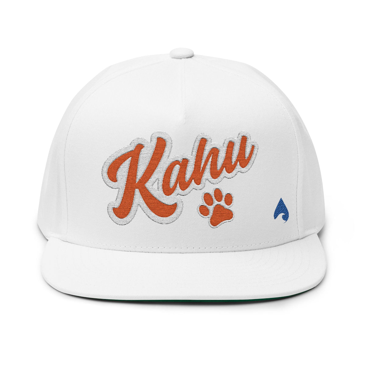 White flat-bill Kahu snapback cap with orange script and paw-print embroidery