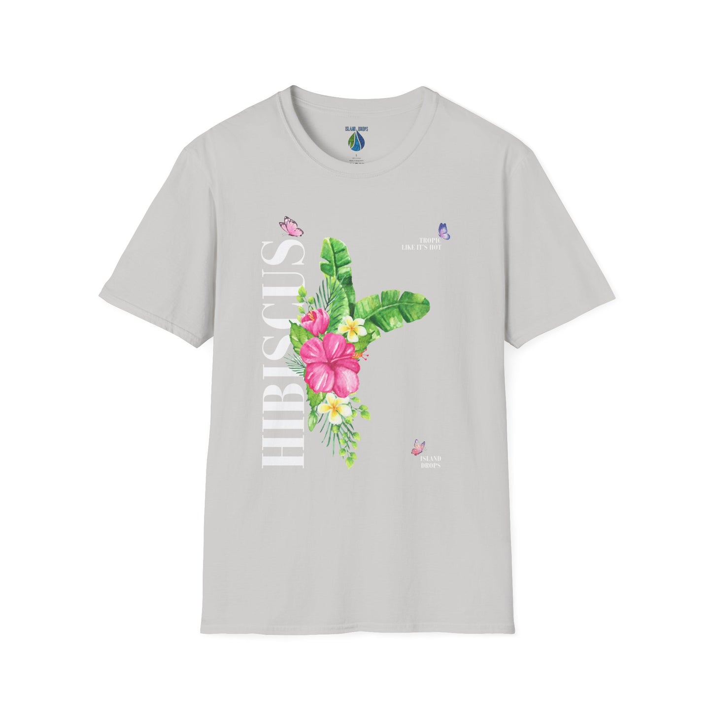 Gray t-shirt with 'HIBISCUS' text and a a stylized hibiscus graphic design - Island Drops t-shirt collection | Unisex t-shirt