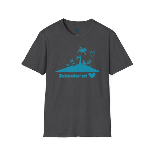 Charcoal Islander at Heart tee with teal palm, island and heart graphic