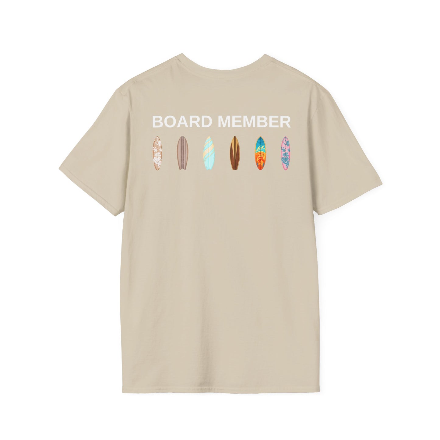 Beige t-shirt with 'BOARD MEMBER' text and colorful surfboard icons on the back - Island Drops t-shirt collection | Unisex t-shirts