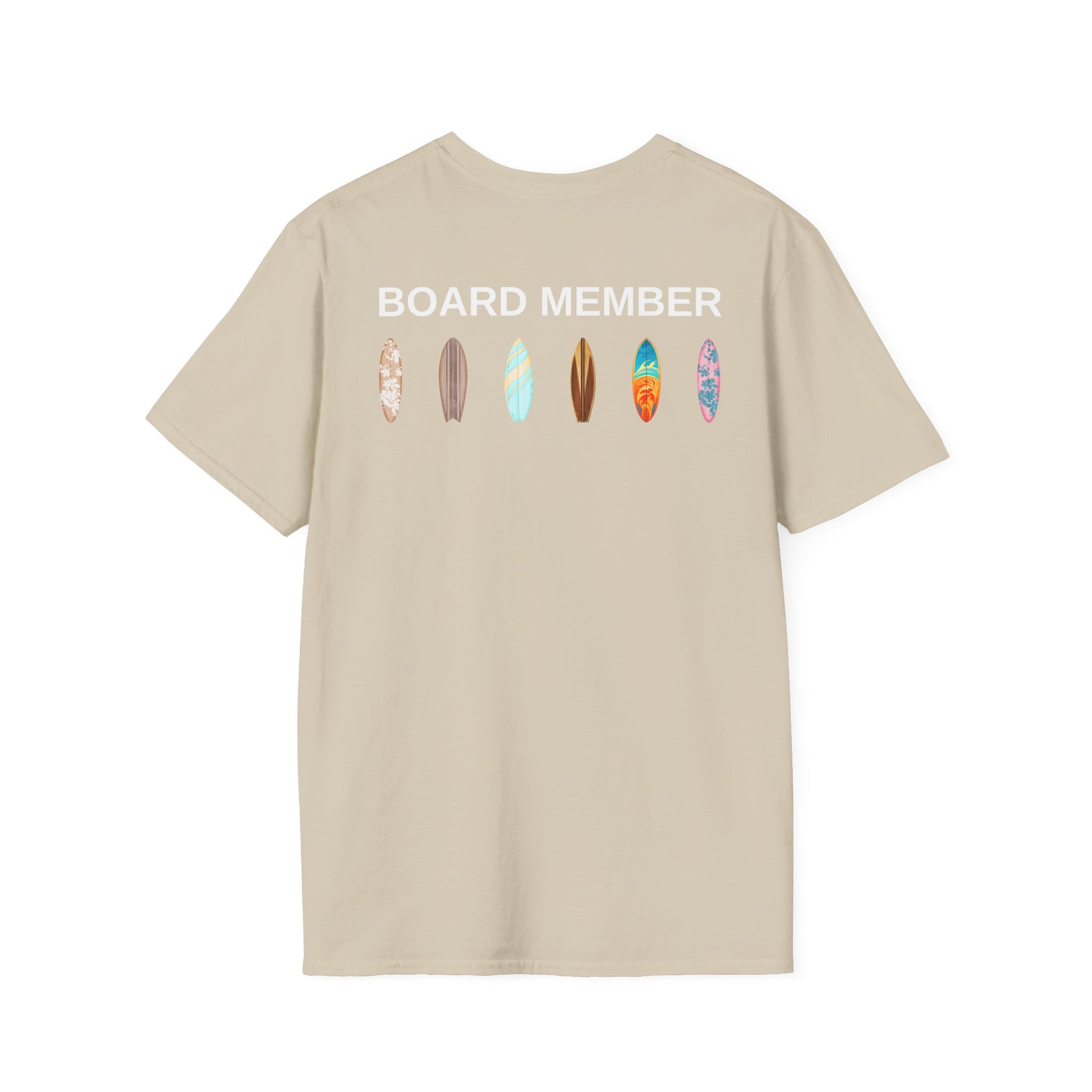 Beige t-shirt with 'BOARD MEMBER' text and colorful surfboard icons on the back - Island Drops t-shirt collection | Unisex t-shirts