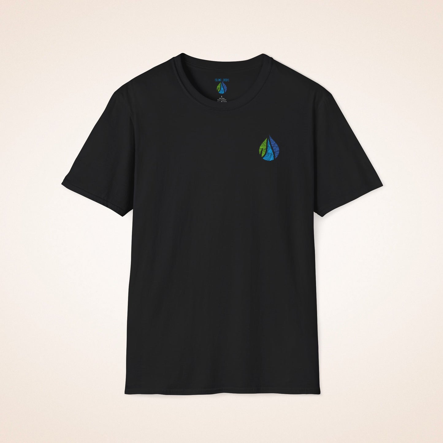 Black t-shirt with Island Drops logo on the front chest and 'BOARD MEMBER' text and colorful surfboard icons on the back - Island Drops t-shirt collection | Unisex t-shirts