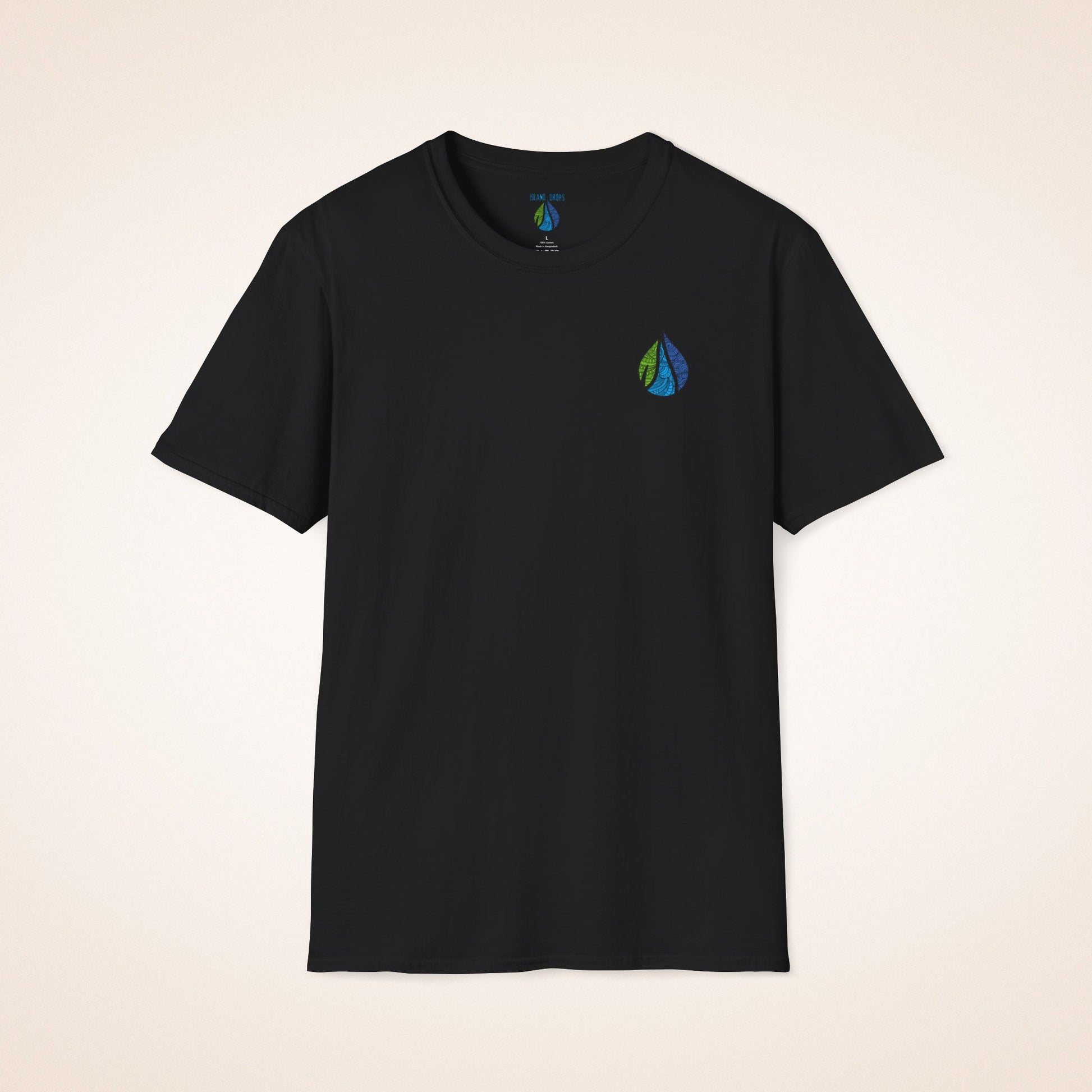 Black t-shirt with Island Drops logo on the front chest and 'BOARD MEMBER' text and colorful surfboard icons on the back - Island Drops t-shirt collection | Unisex t-shirts
