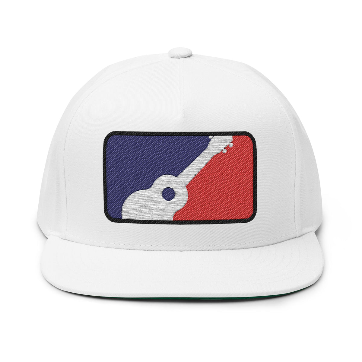 White flat-bill snapback cap with red, white, and blue ukulele patch