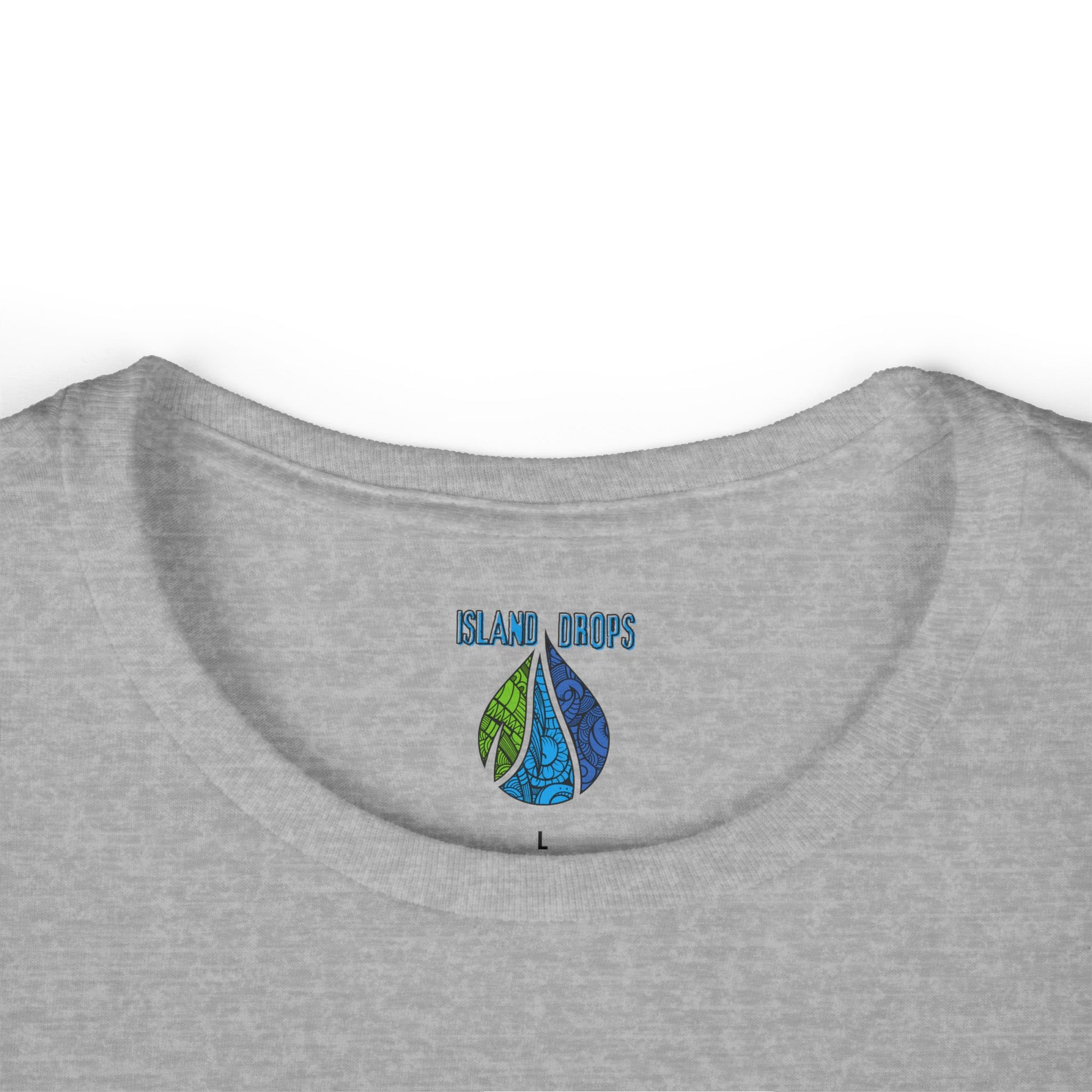 Gray shirt with 'Island Drops' logo featuring two water droplets on a white background