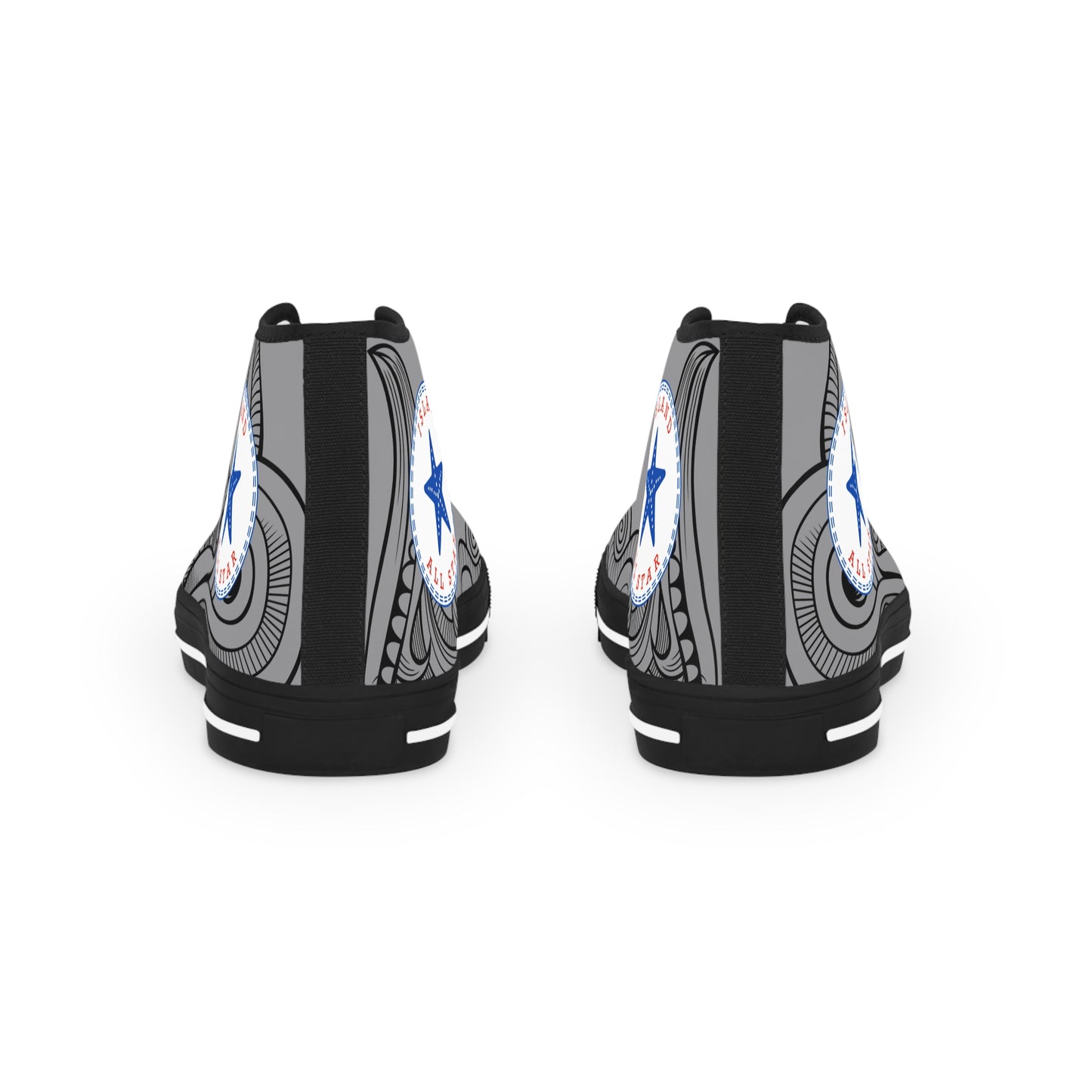 Gray and black High-top sneakers with tribal tattoo graphic design - Island Drops shoes collection | Unisex High top shoes
