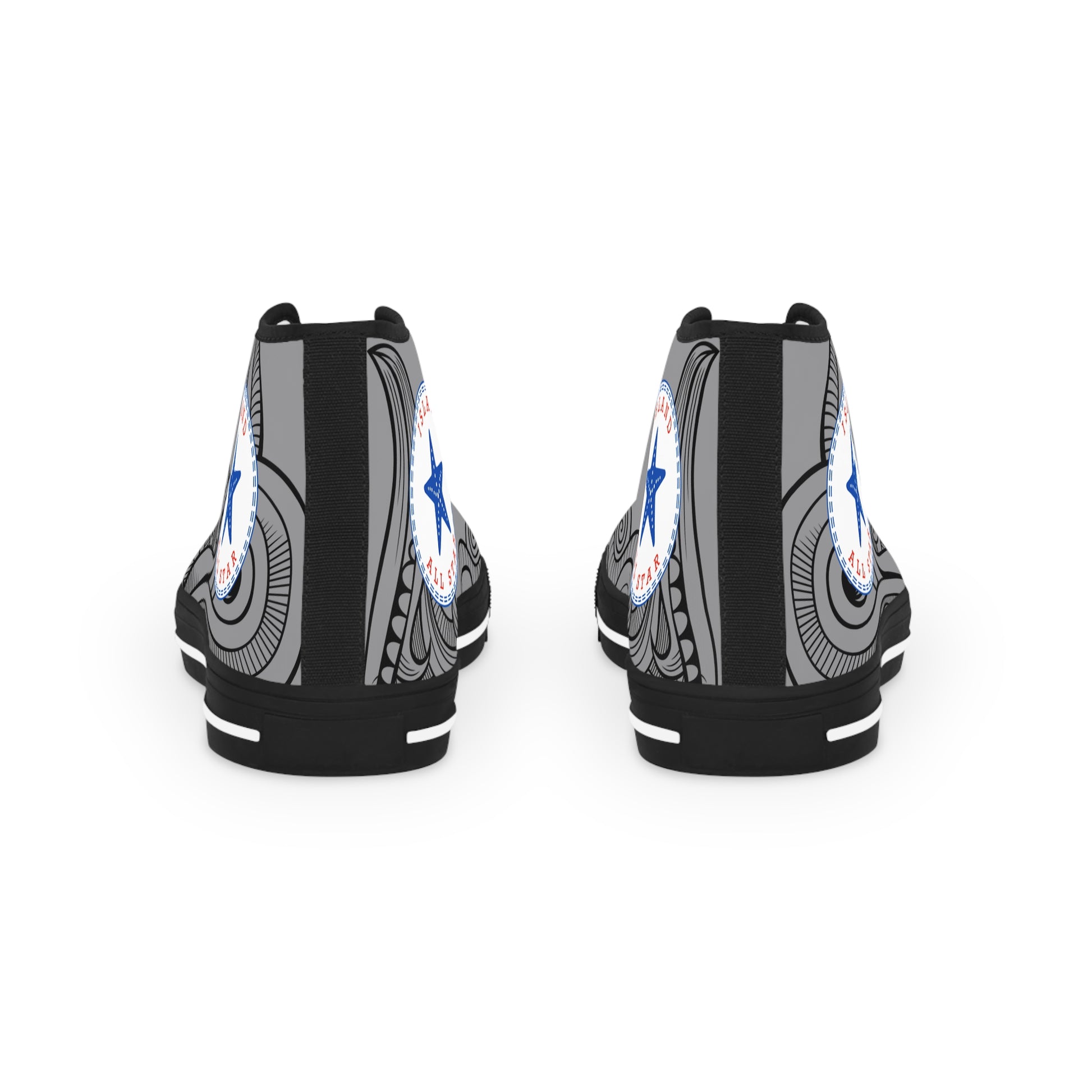 Gray and black High-top sneakers with tribal tattoo graphic design - Island Drops shoes collection | Unisex High top shoes