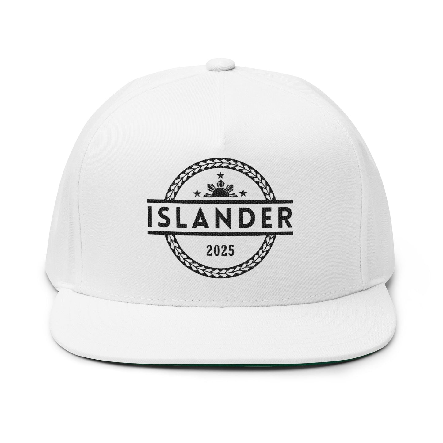 White cap with 'ISLANDER' text and filipino flag graphic design - Island Drops hat collection | Unisex snapback caps