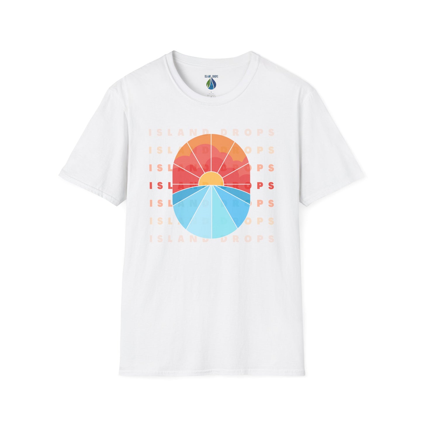White t-shirt  with 'ISLAND DROPS' text behind a graphic sunset - Island Drops t-shirt collection | Unisex t-shirts
