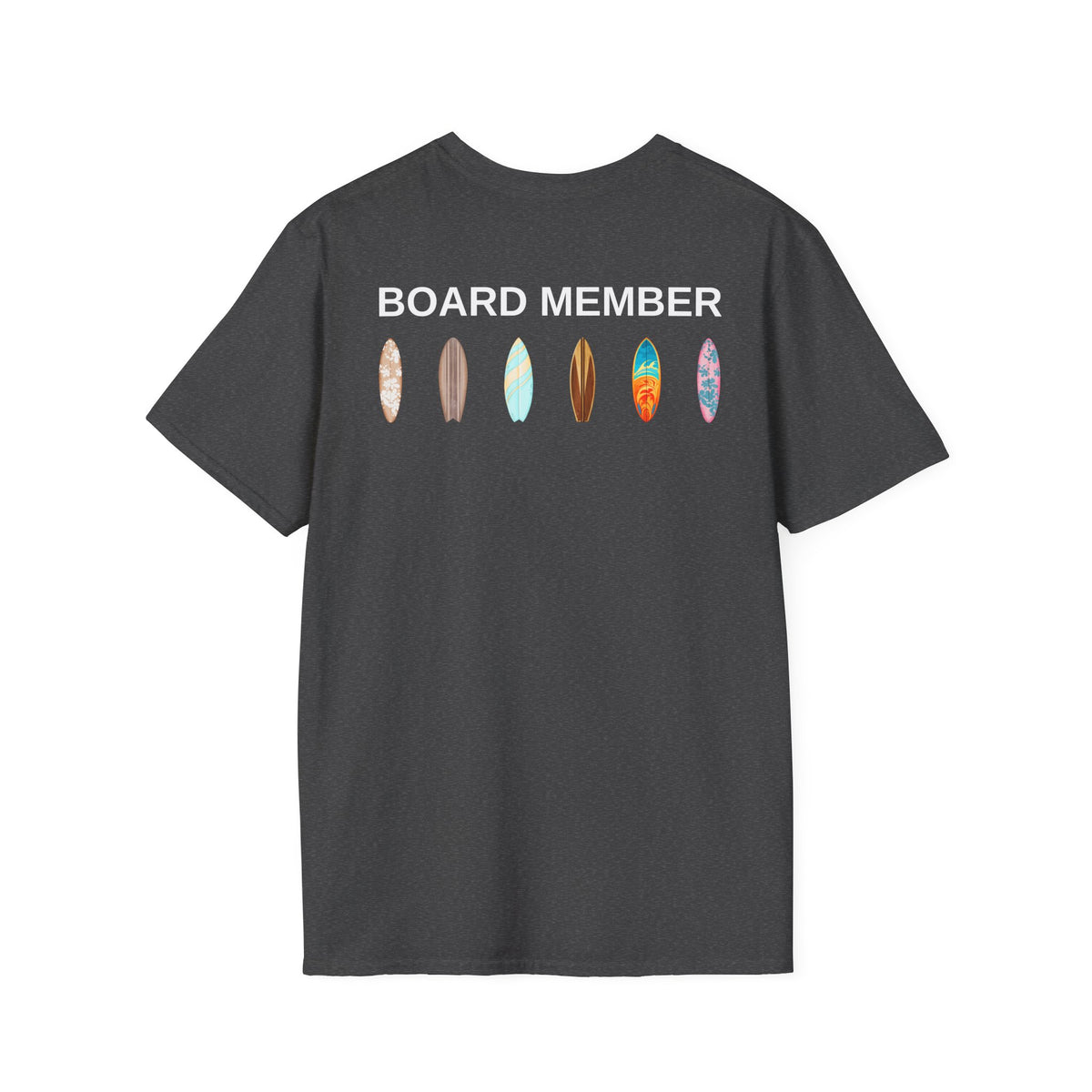 Back of charcoal Board Member tee with lettering and colorful surfboards