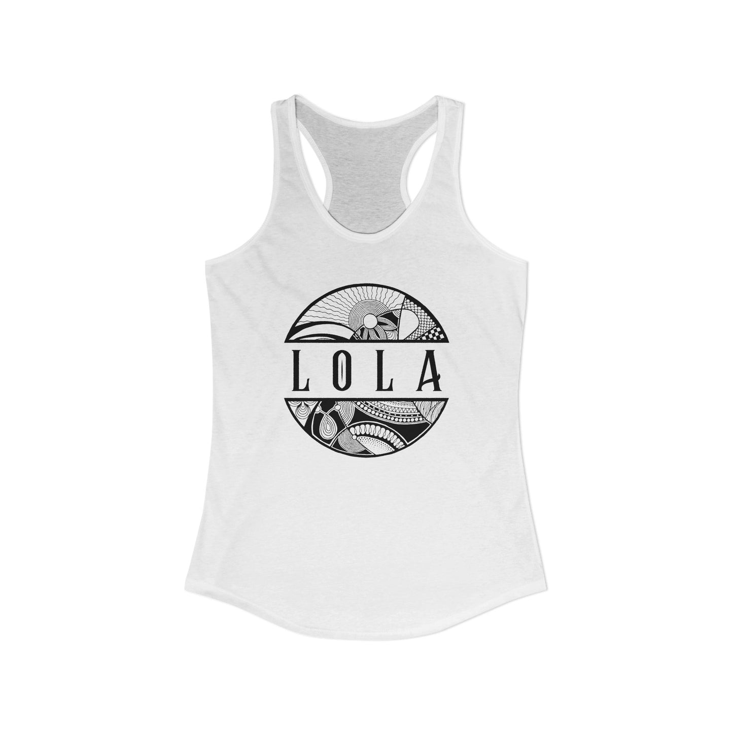 White tank top with 'LOLA', meaning grandma, graphic design - Island Drops tank tops collection | Women's racer back tank