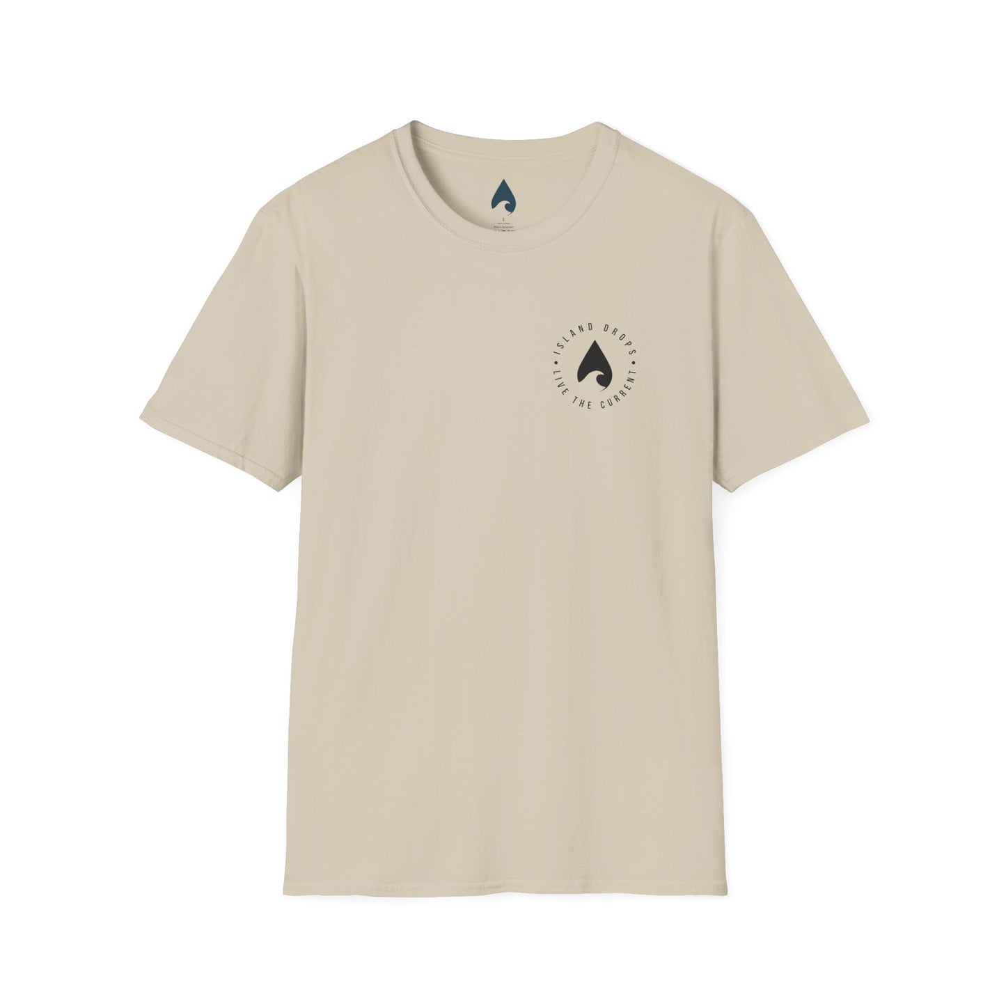 Sunset Sketch Tee front view, Island Drops logo — woodcut style island sunset graphic tee