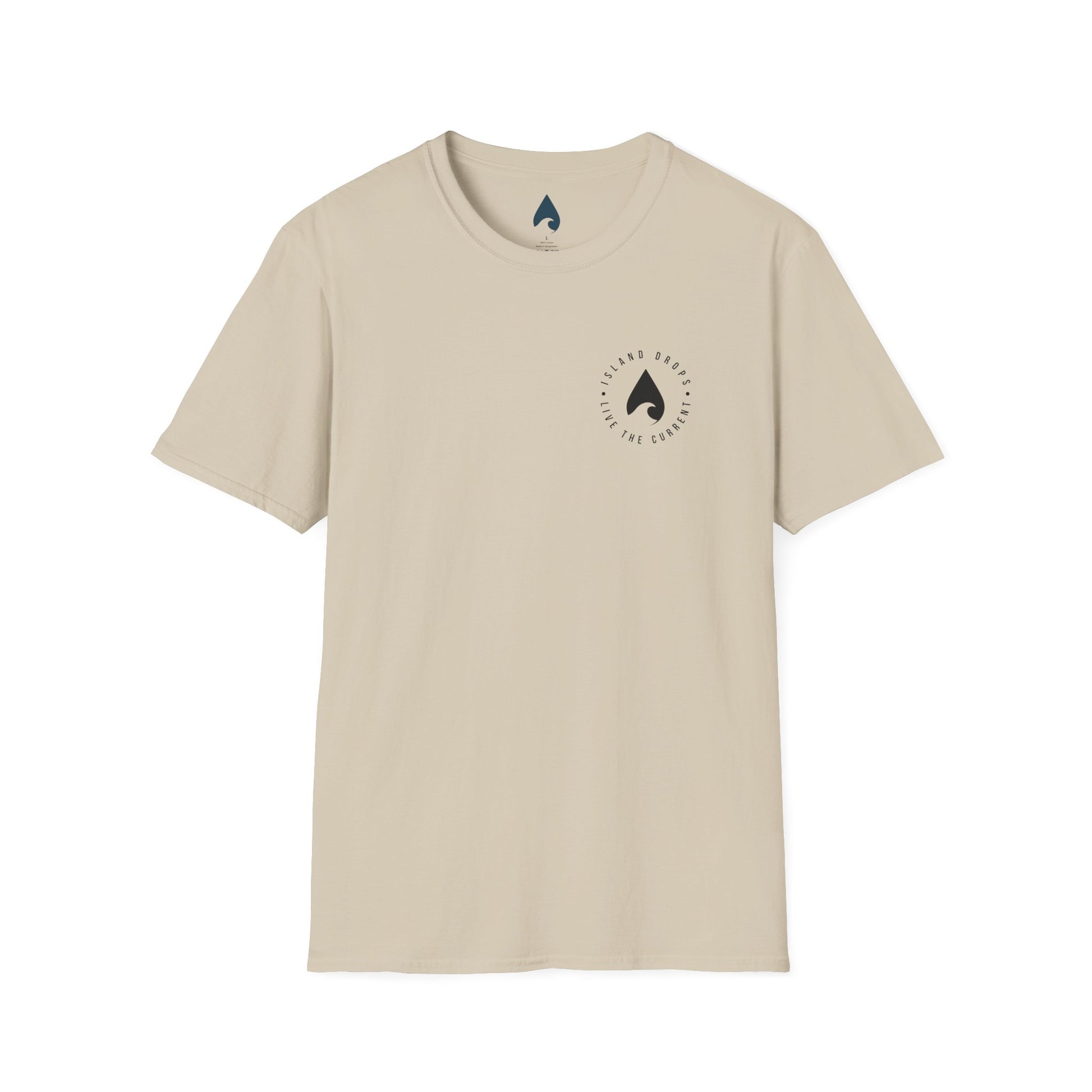 Sunset Sketch Tee front view, Island Drops logo — woodcut style island sunset graphic tee