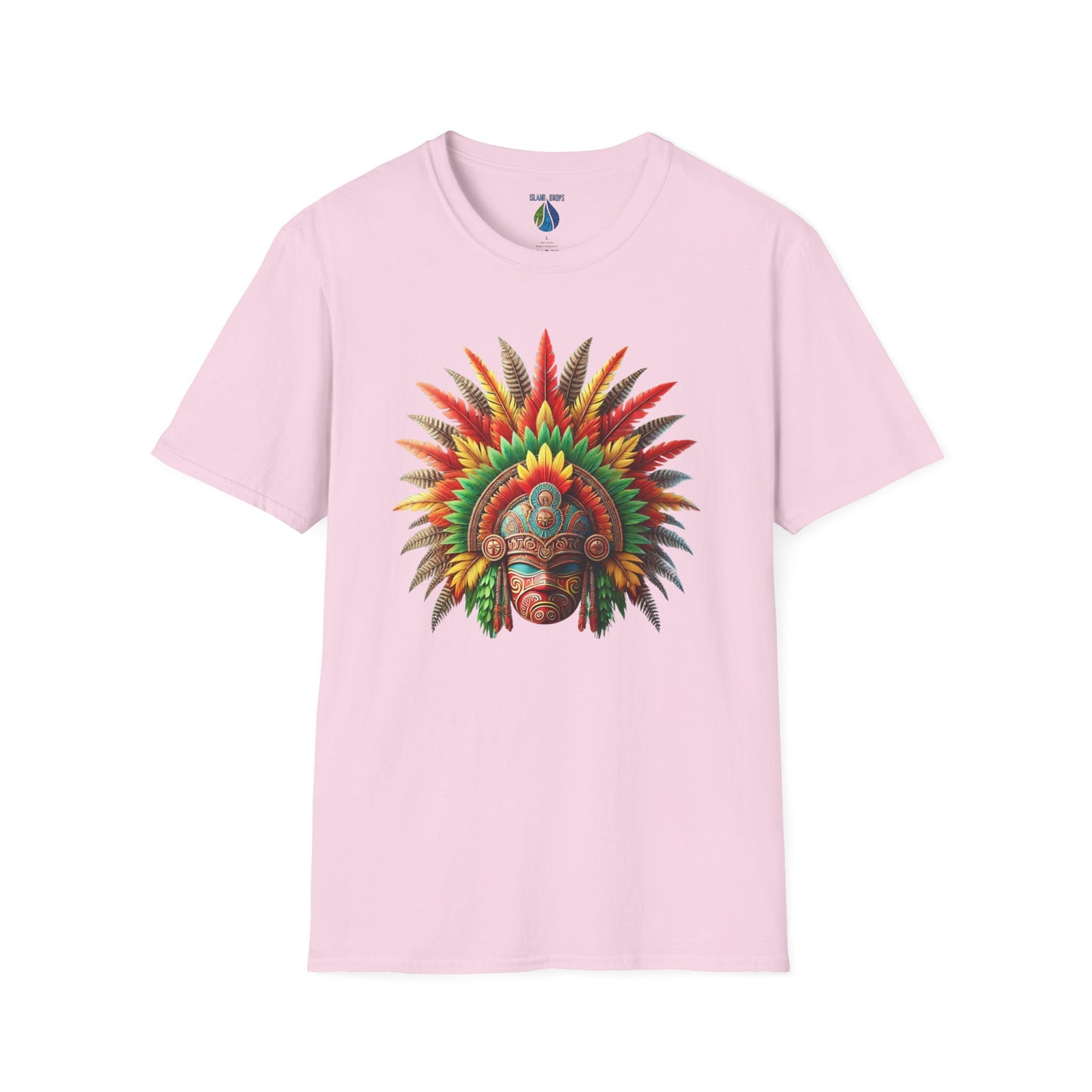 Pink t-shirt with a colorful traditional Hawaiian headdress graphic design - Island Drops t-shirt collection | Unisex t-shirt