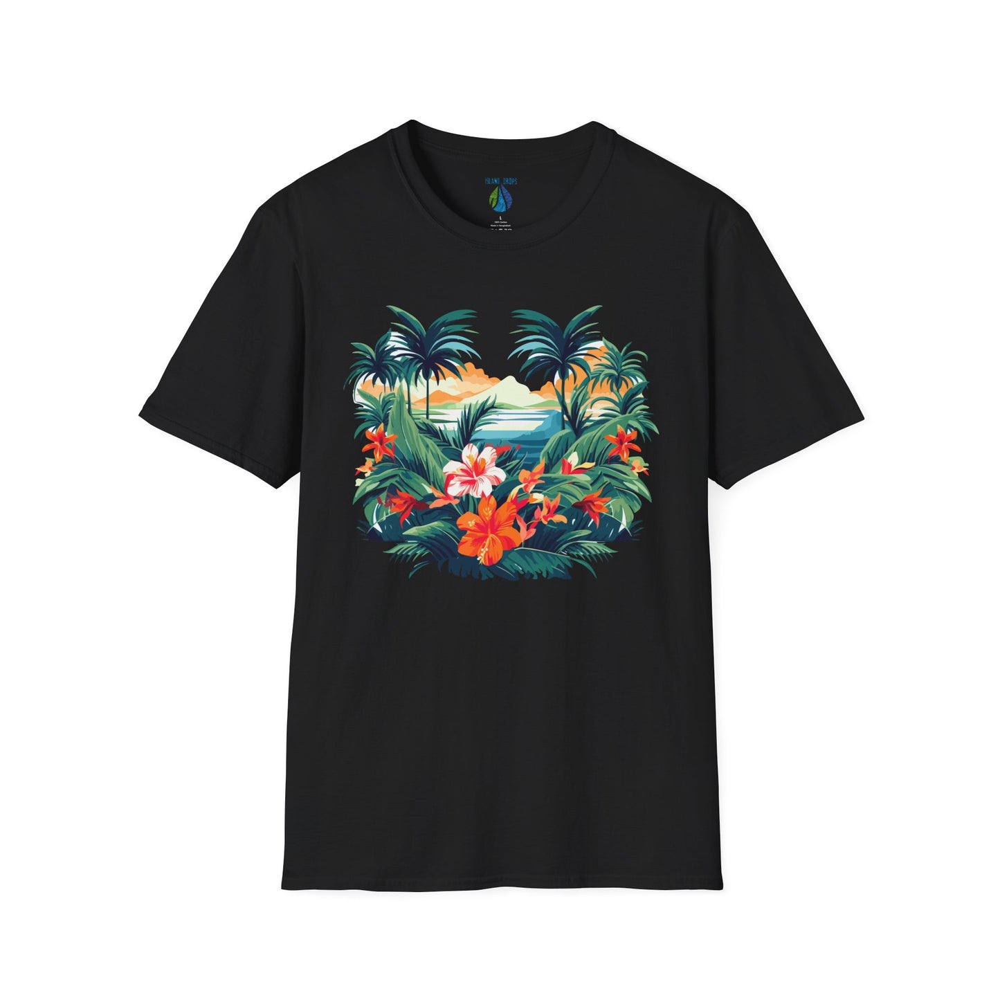 Black t-shirt with floral beach graphic design - Island Drops t-shirt collection | Unisex t-shirt