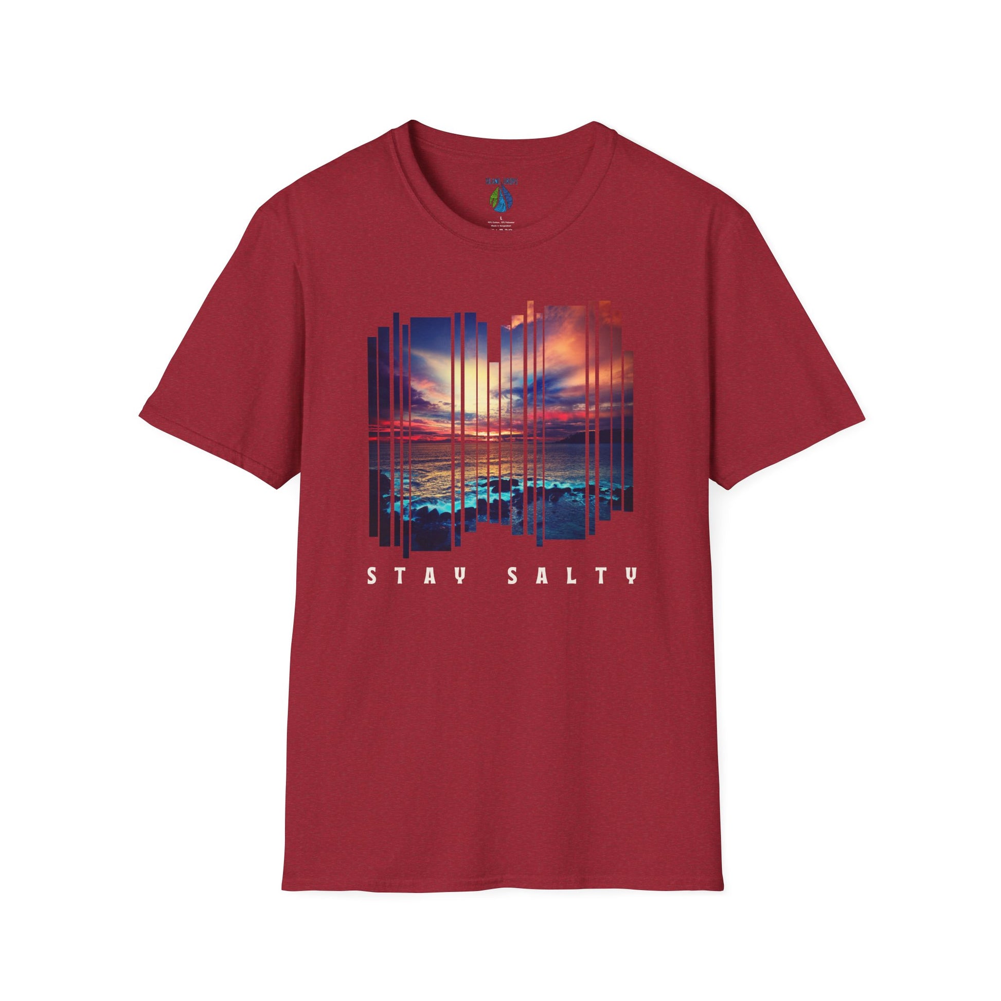 Red t-shirt  with 'STAY SALTY' text and stylized sunset graphic design - Island Drops t-shirt collection | Unisex t-shirts