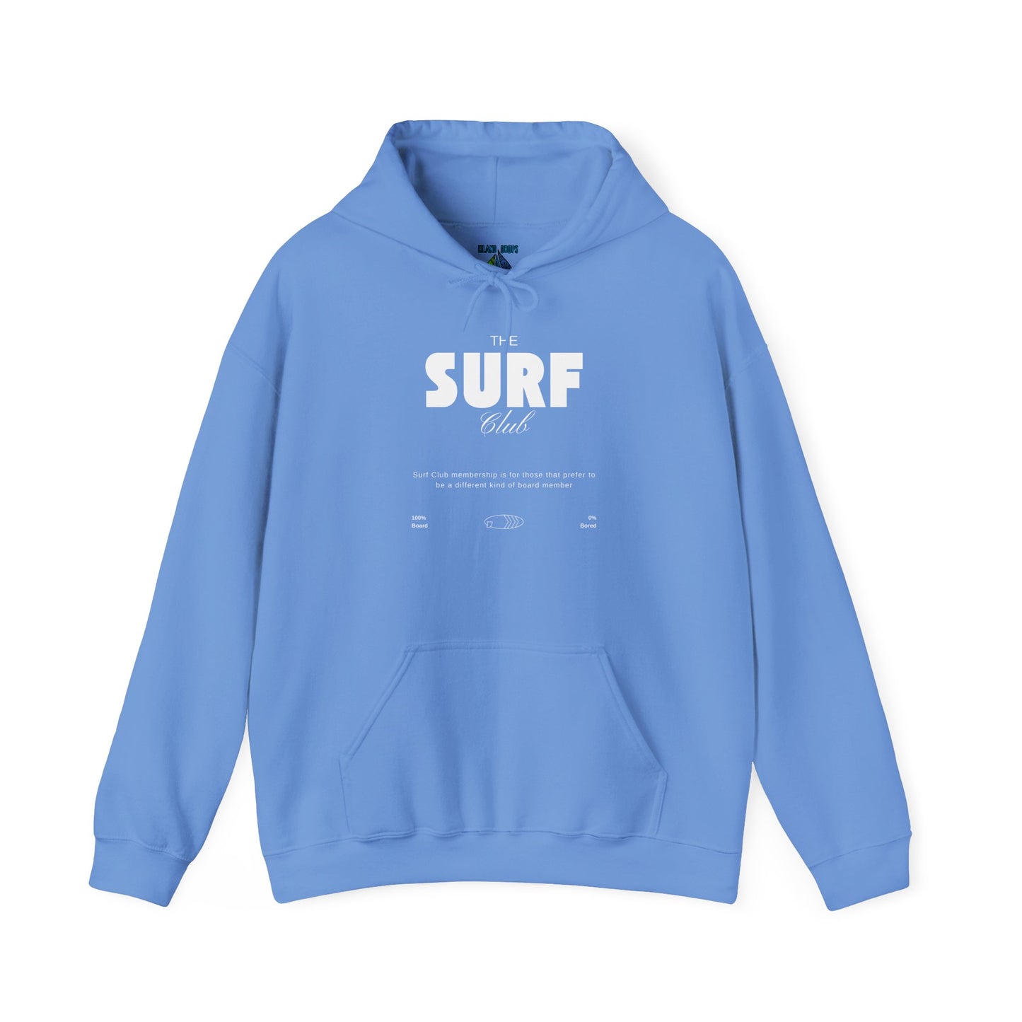 Blue hoodie with 'SURF Club' text, 100% Board, 0%Bored - Island Drops hoodie collection | Unisex pullover