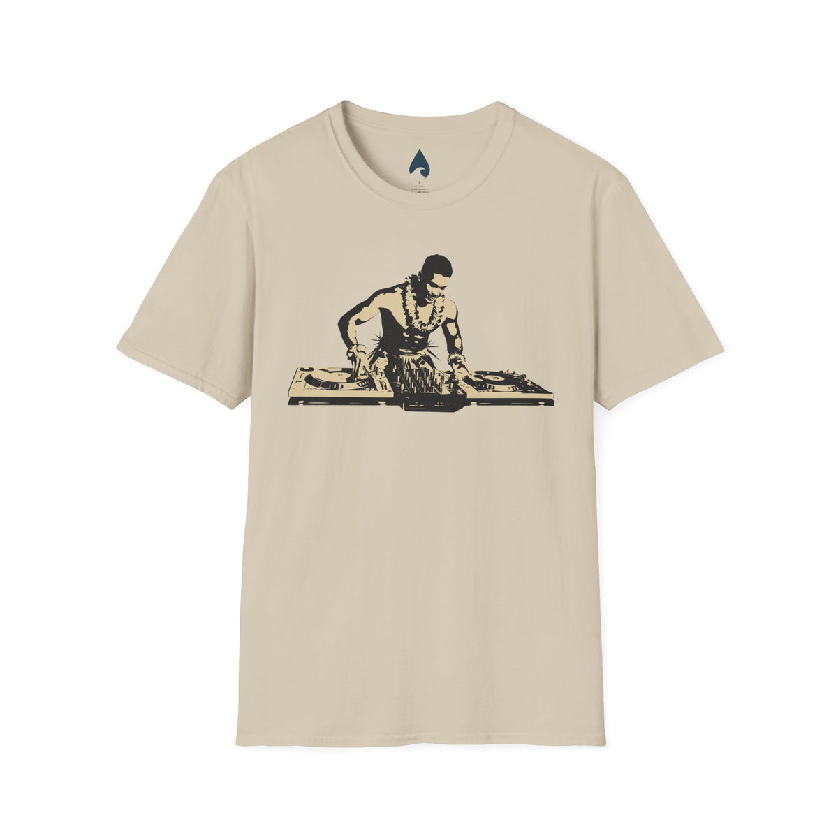 Warm beige Hula DJ T-shirt with hula dancer and turntable graphic