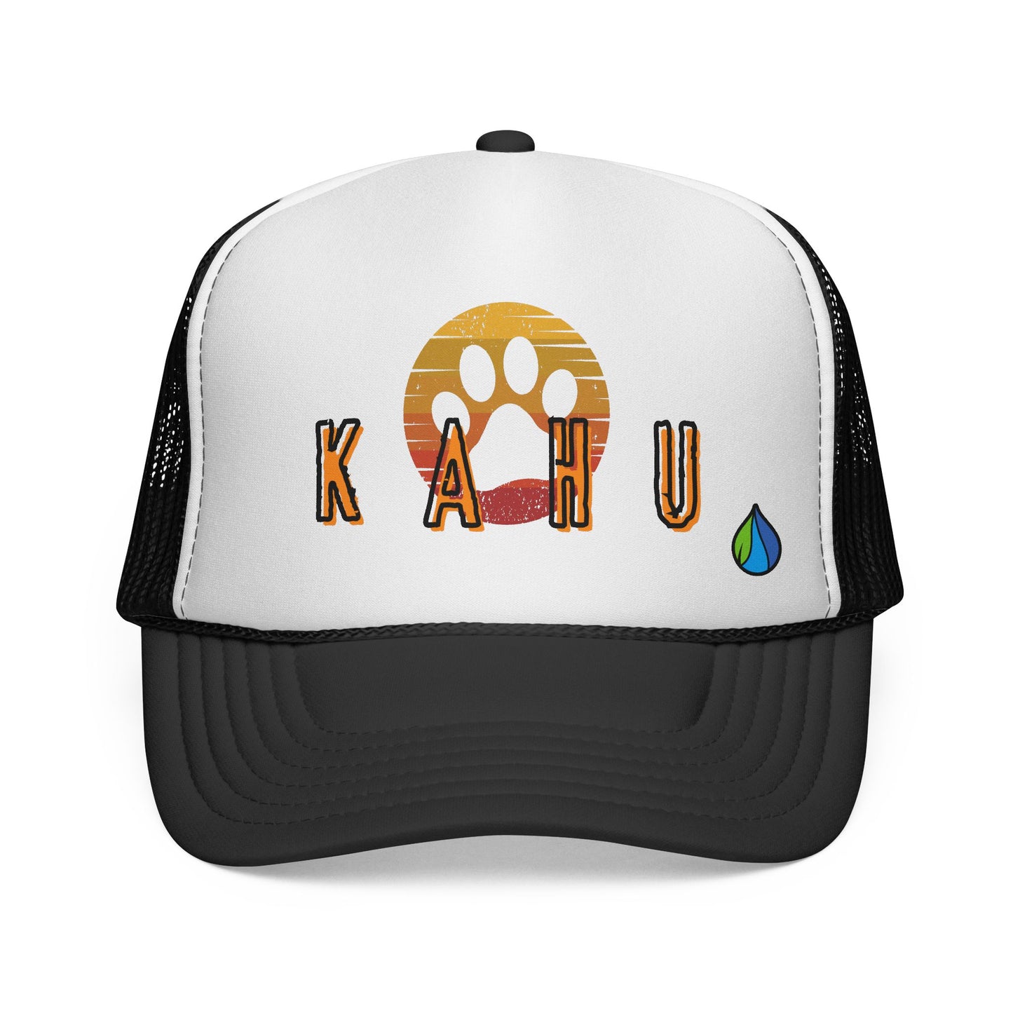 Black and white cap with 'KAHU' branding with sunset paw print graphic design - Island Drops hat collection | Unisex trucker hat, trucker cap