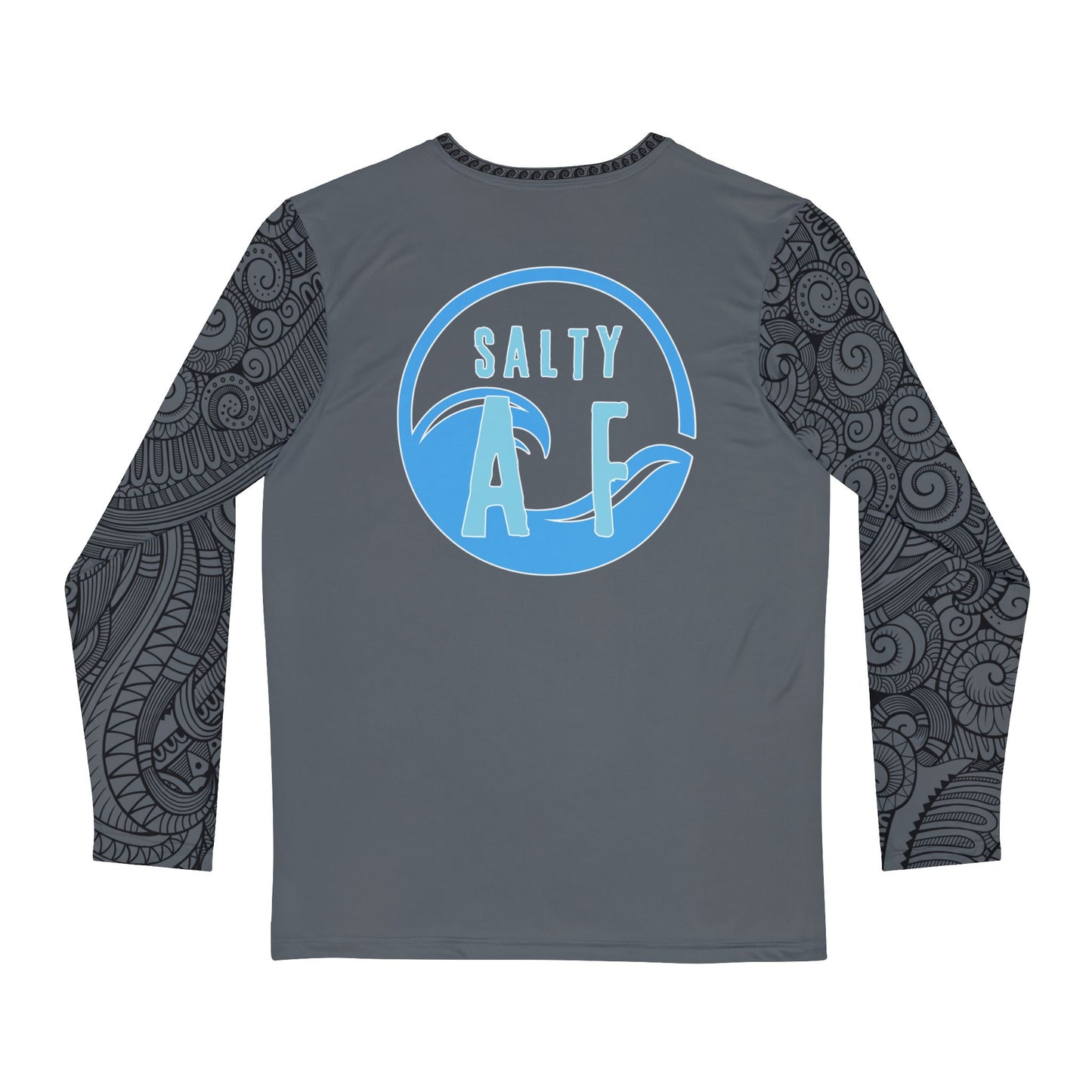 Back of long-sleeve shirt with 'SALTY AF' text and tribal tattoo sleeve pattern - Island Drops long sleeve collection | Unisex shirts