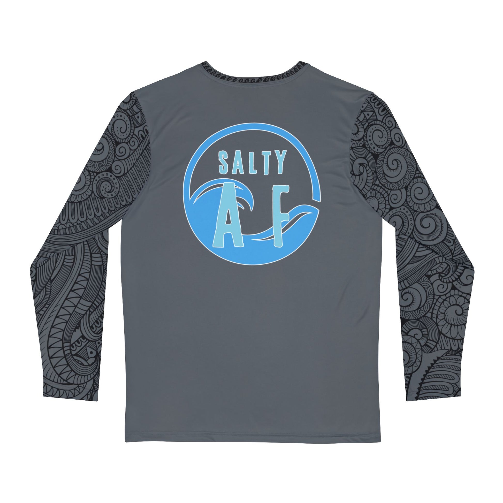 Back of long-sleeve shirt with 'SALTY AF' text and tribal tattoo sleeve pattern - Island Drops long sleeve collection | Unisex shirts