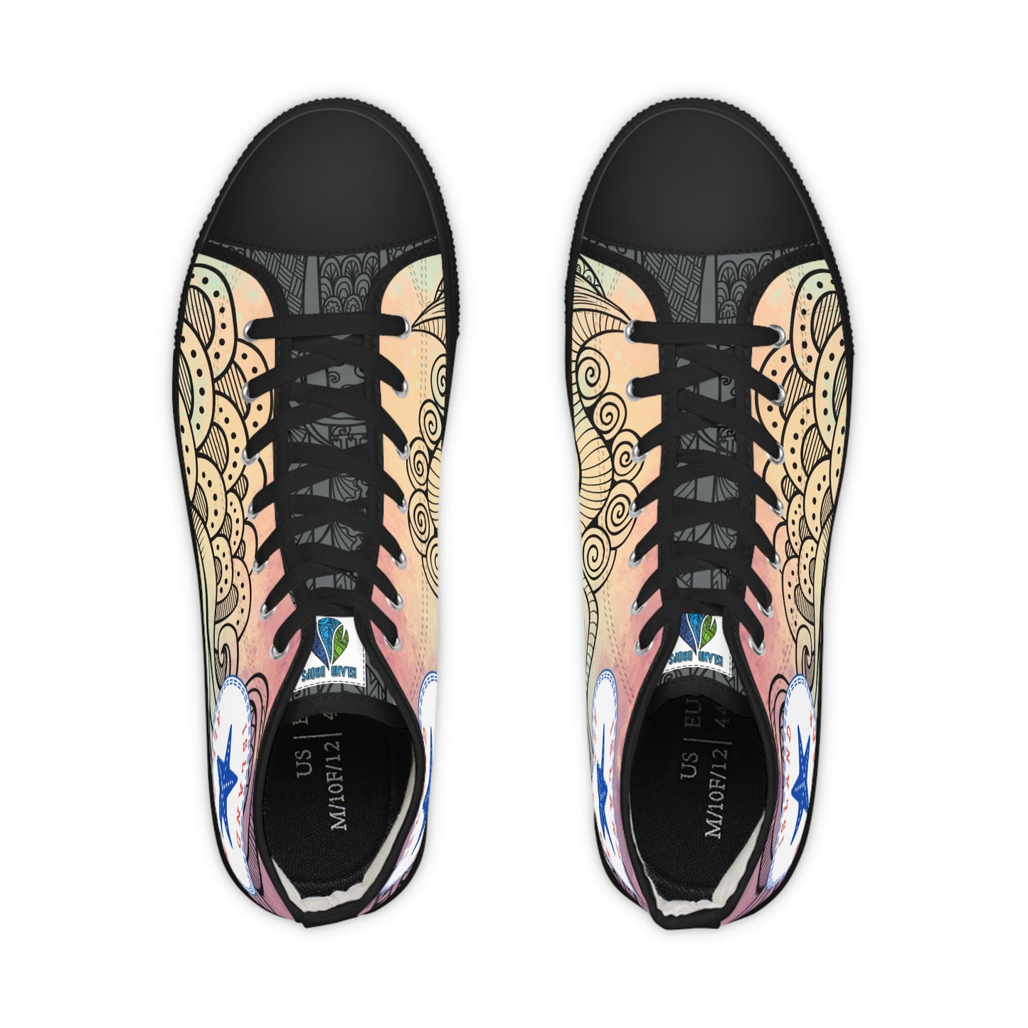 Red, orange, yellow colorful high-top sneakers with tribal tattoo graphic design, black soles - Island Drops shoes collection | Unisex High top shoes