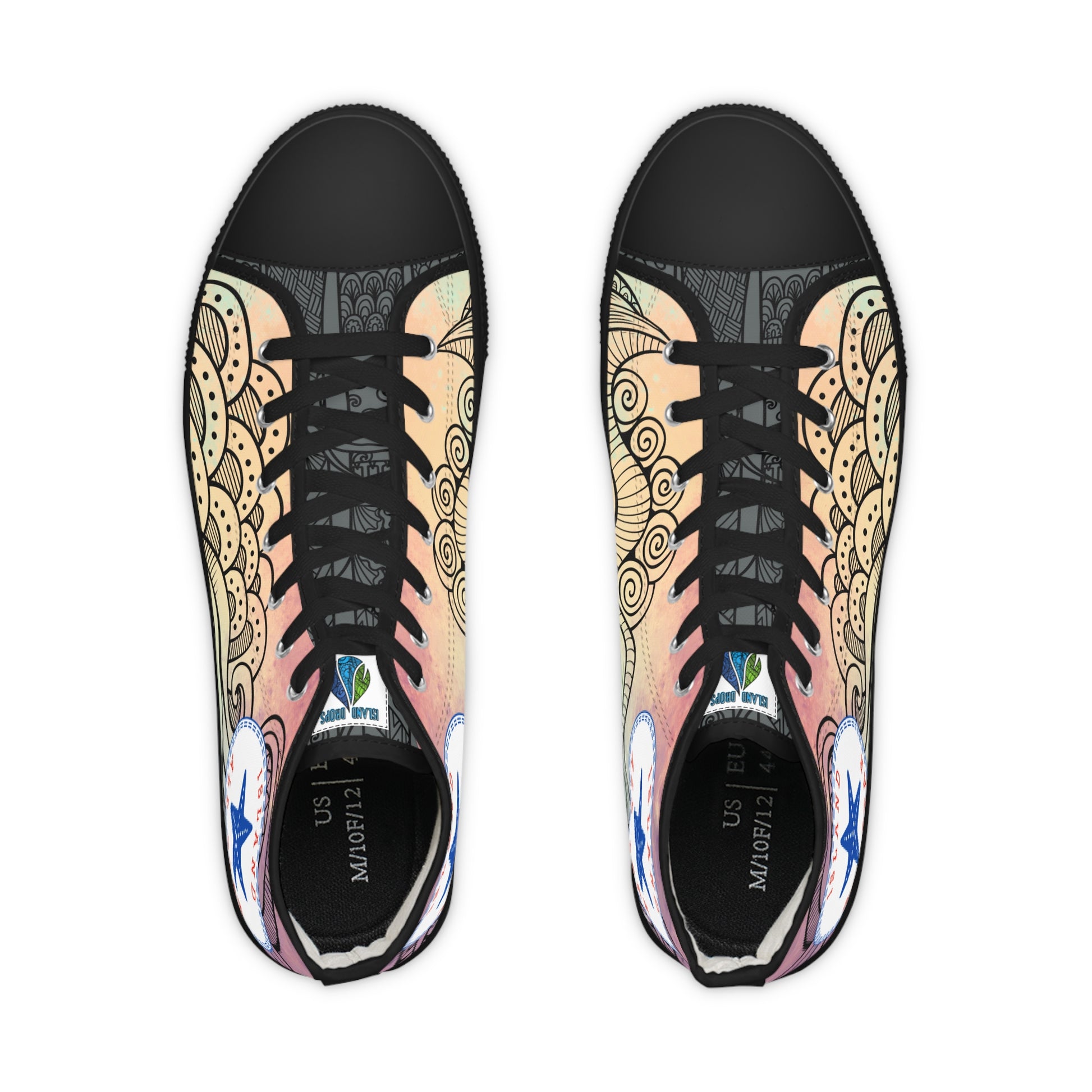 Red, orange, yellow colorful high-top sneakers with tribal tattoo graphic design, black soles - Island Drops shoes collection | Unisex High top shoes
