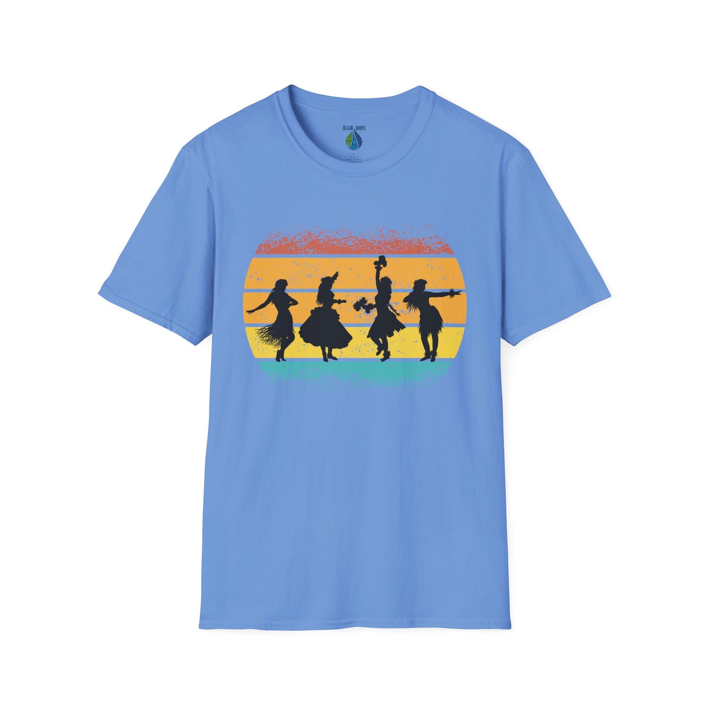 Blue t-shirt with a graphic design of female hula dancers against a sunset background - Island Drops t-shirt collection | Unisex t-shirt