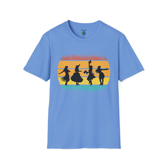 Blue t-shirt with a graphic design of female hula dancers against a sunset background - Island Drops t-shirt collection | Unisex t-shirt