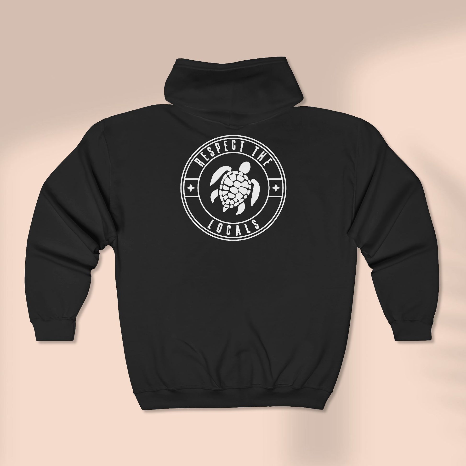 Back of full zip hoodie with a stylized watercolor turtle graphic design with 'RESPECT THE LOCALS' text - Island Drops hoodie collection | Unisex zipper hoodie