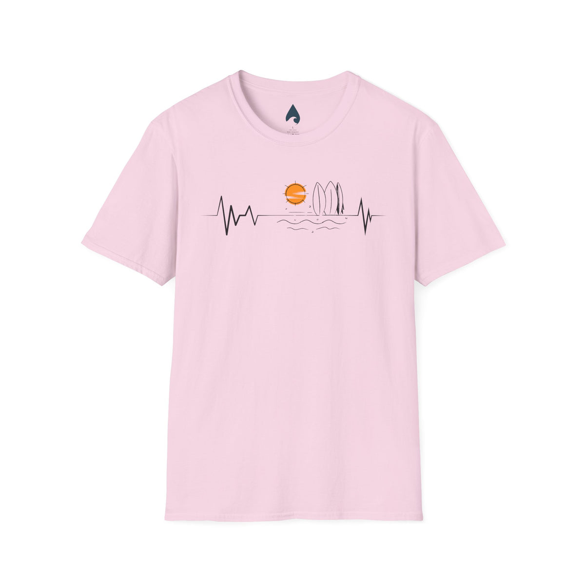 Light pink T-shirt front with orange sunset, island wave outline and black heartbeat line