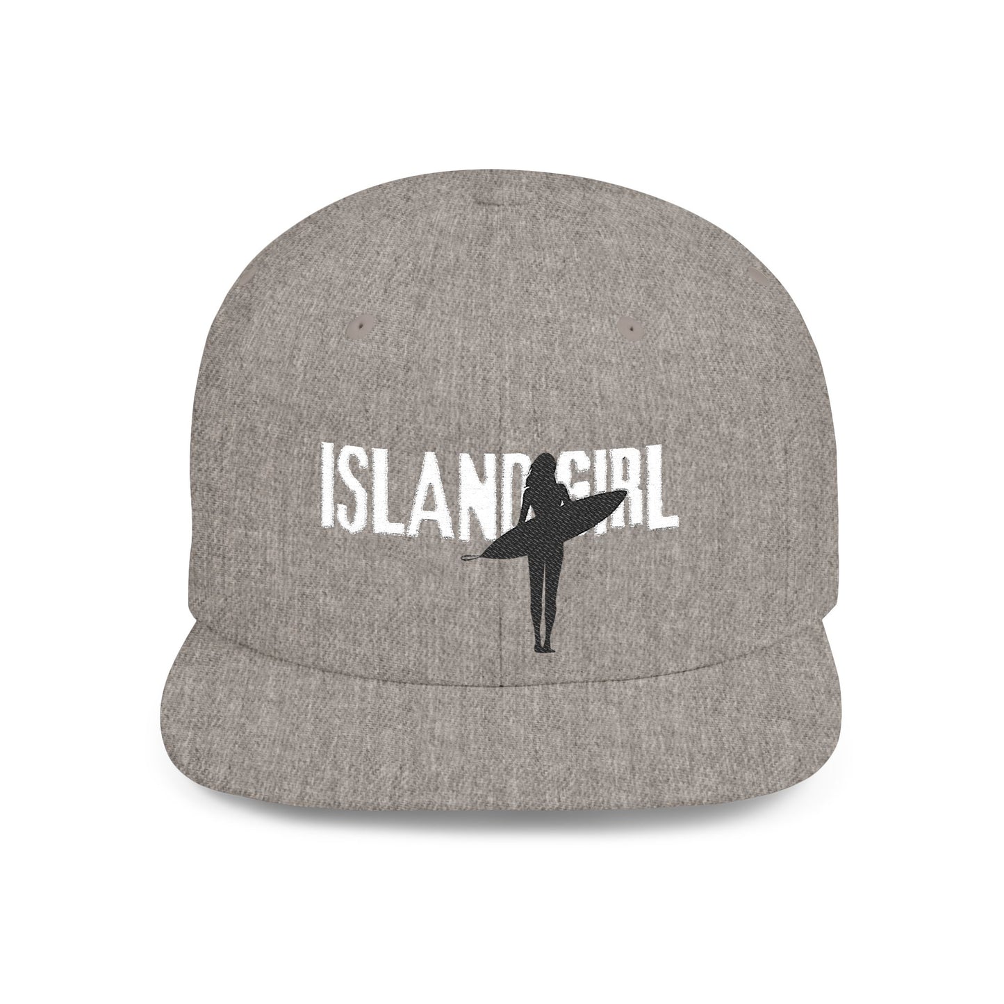 Gray cap with 'ISLAND GIRL' text and a surfer girl graphic design - Island Drops hat collection | Unisex snapback cap