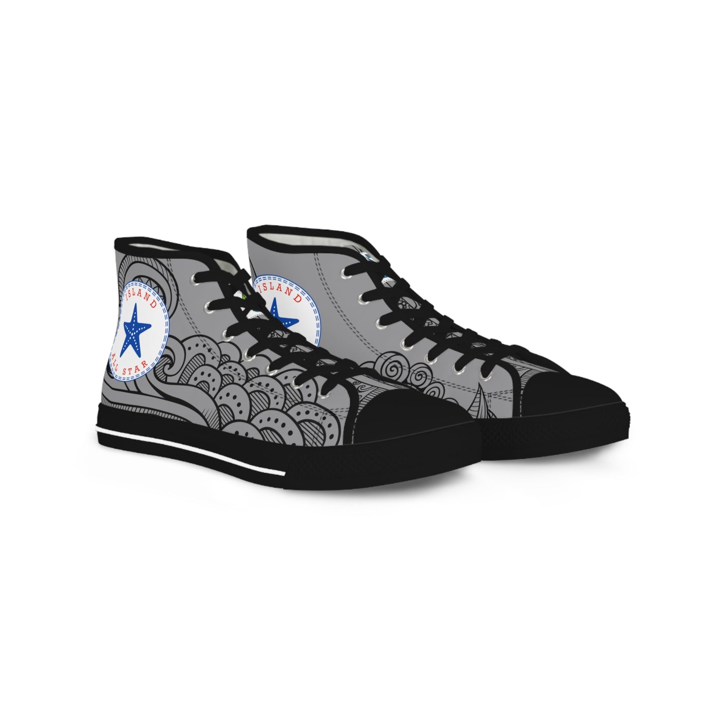 Gray and black High-top sneakers with tribal tattoo graphic design - Island Drops shoes collection | Unisex High top shoes