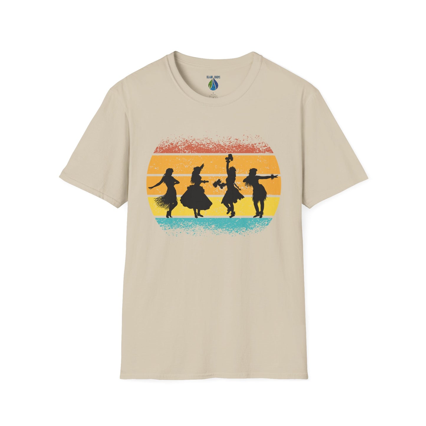 Beige t-shirt with a graphic design of female hula dancers against a sunset background - Island Drops t-shirt collection | Unisex t-shirt