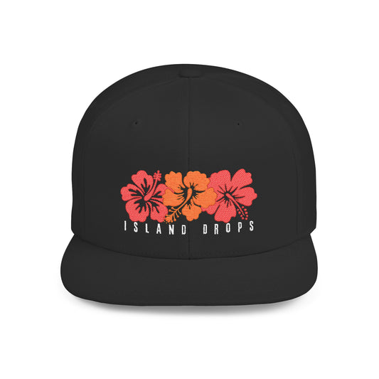 Black hat with 'ISLAND DROPS' text and hibiscus graphic design - Island Drops hat collection | Unisex snapback cap