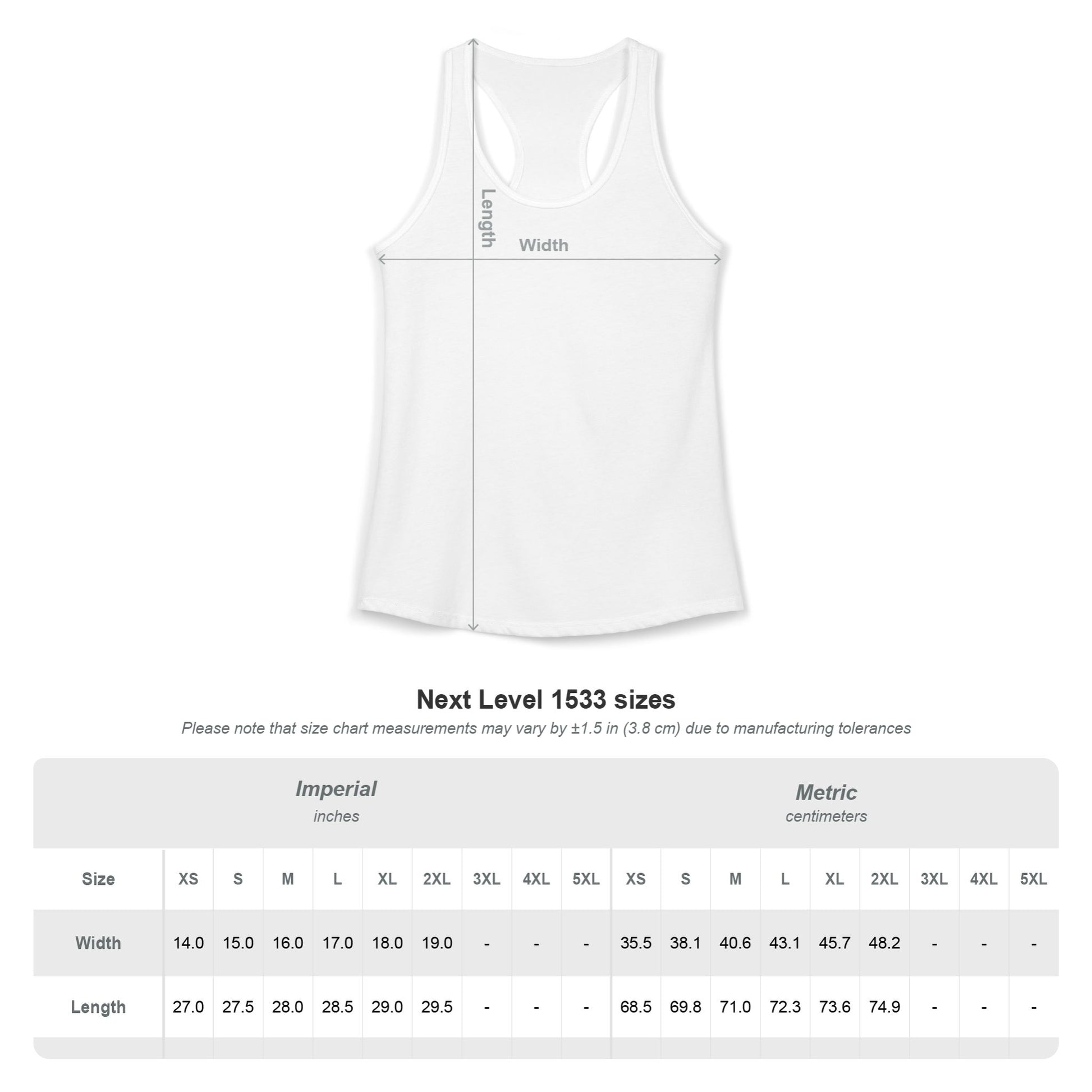 White racerback tank top with measurement lines and size chart on a white background