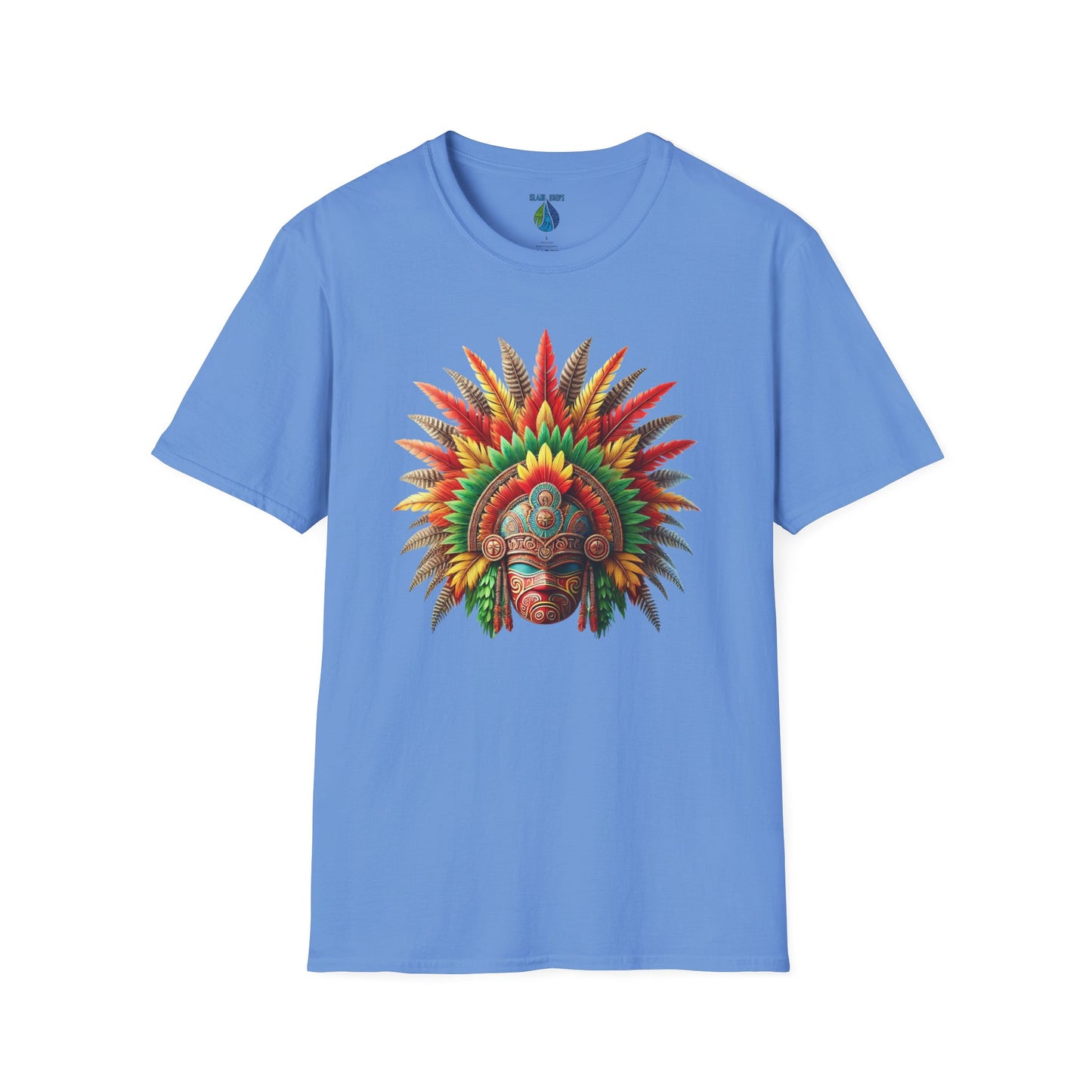 Blue t-shirt with a colorful traditional Hawaiian headdress graphic design - Island Drops t-shirt collection | Unisex t-shirt